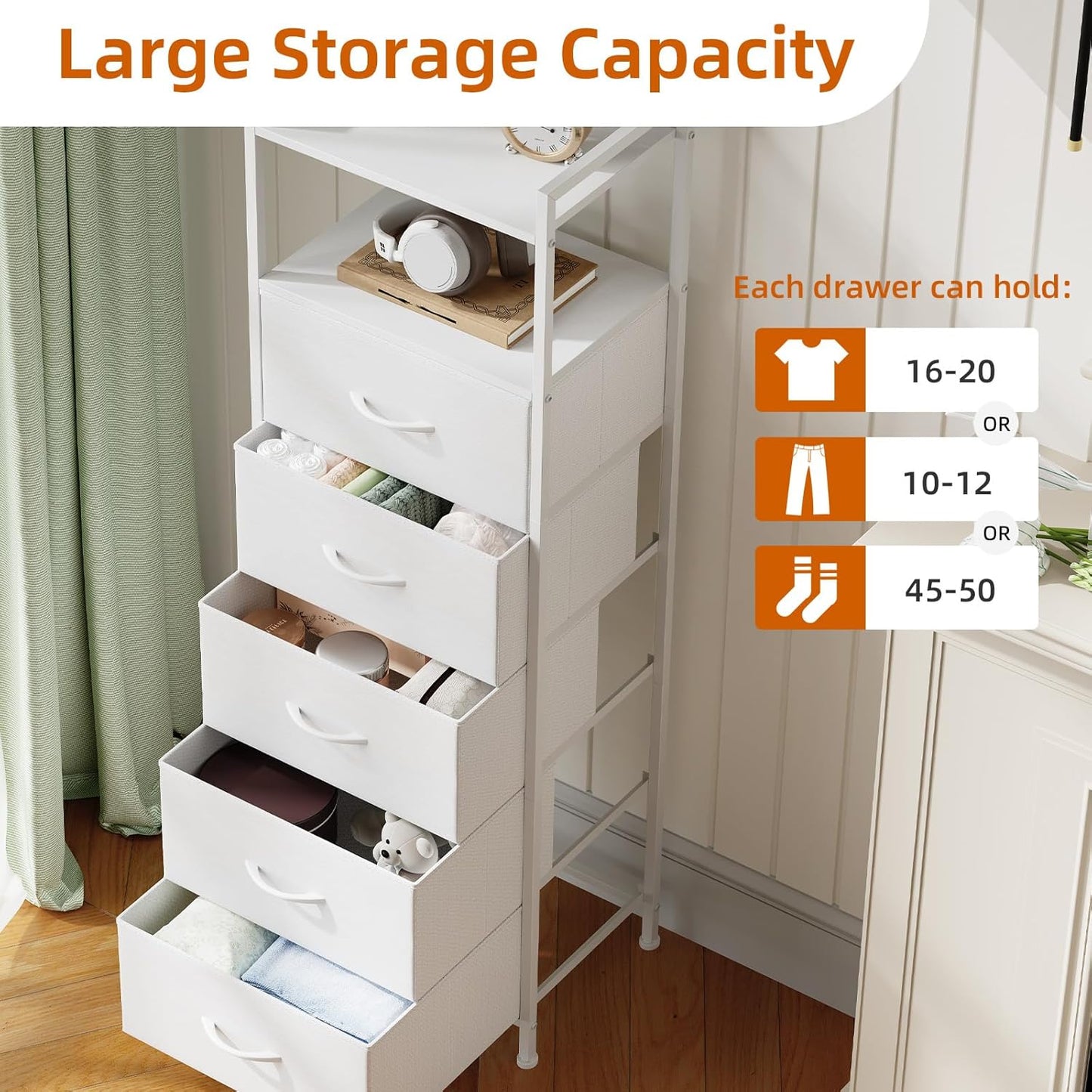 Somdot Tall Dresser - 5-Drawer Vertical Storage Tower Unit for Bedroom | White Leather Finish