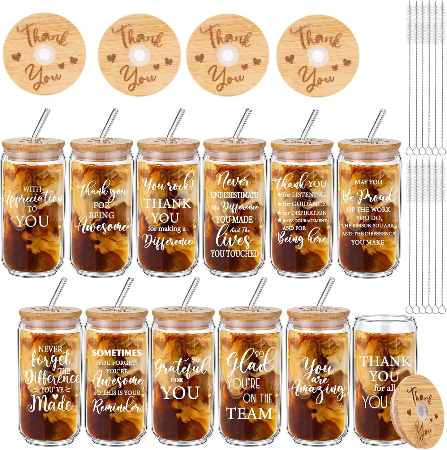 Tioncy 12 Pcs Positive Thank You Gifts for Women Appreciation Teacher Nurse Christian Religous Gifts 16oz Glass Cup with Bamboo Lids Straws Coffee Drinking Jars for Coworker