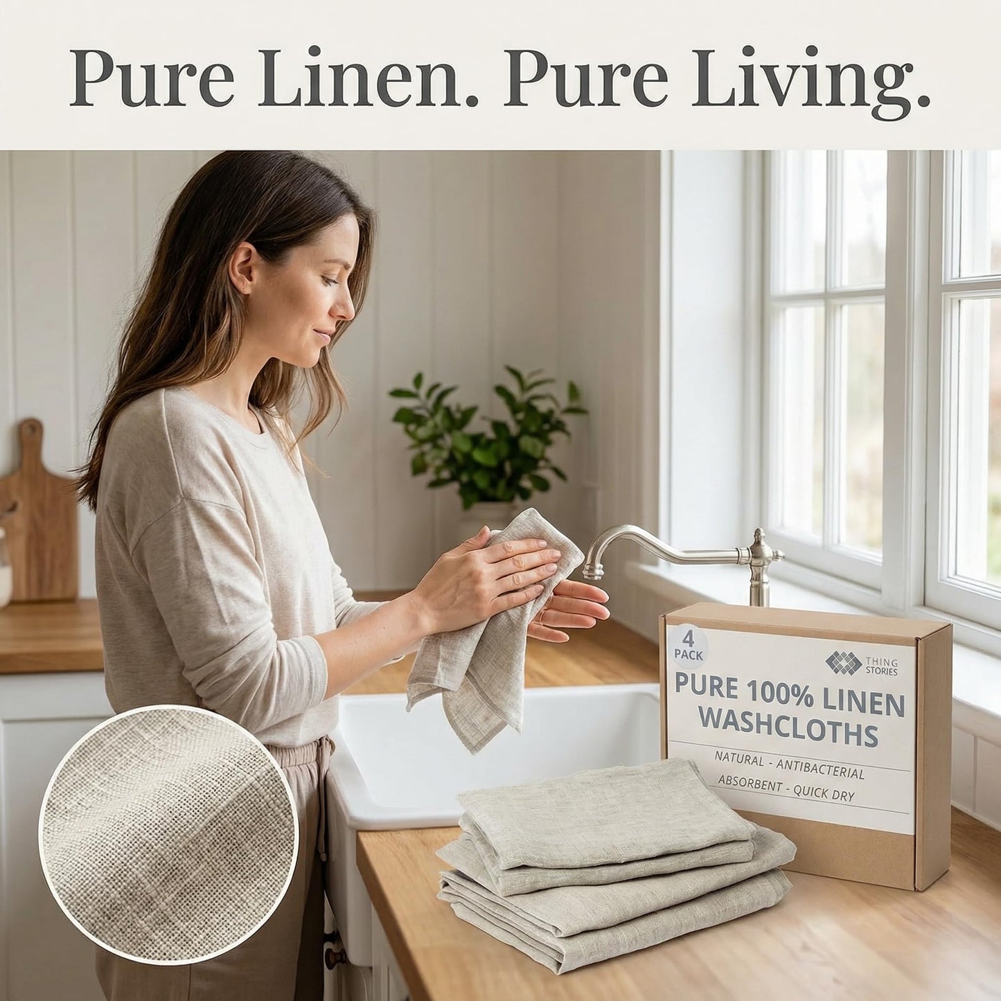Thing Stories Pure Linen Flax Washcloths – 4-Pack Natural Dish Towels Set – Linen Tea Towel Cloth Napkins – Small Hand Towels for Kitchen – Durable, Lint-Resistant, Highly Absorbent