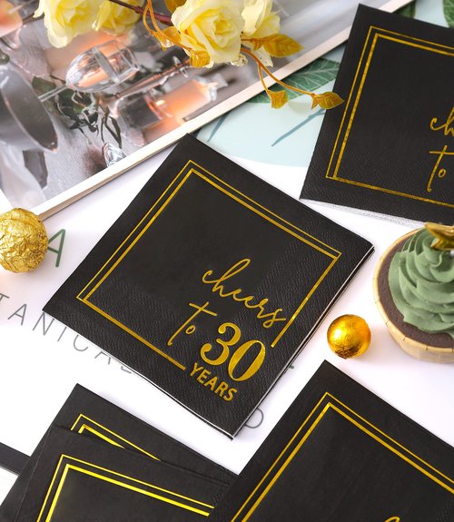 Cheers to Years Cocktail Napkins - 50 PK - 3-Ply Birthday Napkins 5x5 Inches Disposable Party Napkins Beverage Paper Napkins or Birthday Decorations Wedding Anniversary Black and Gold (30 Years)