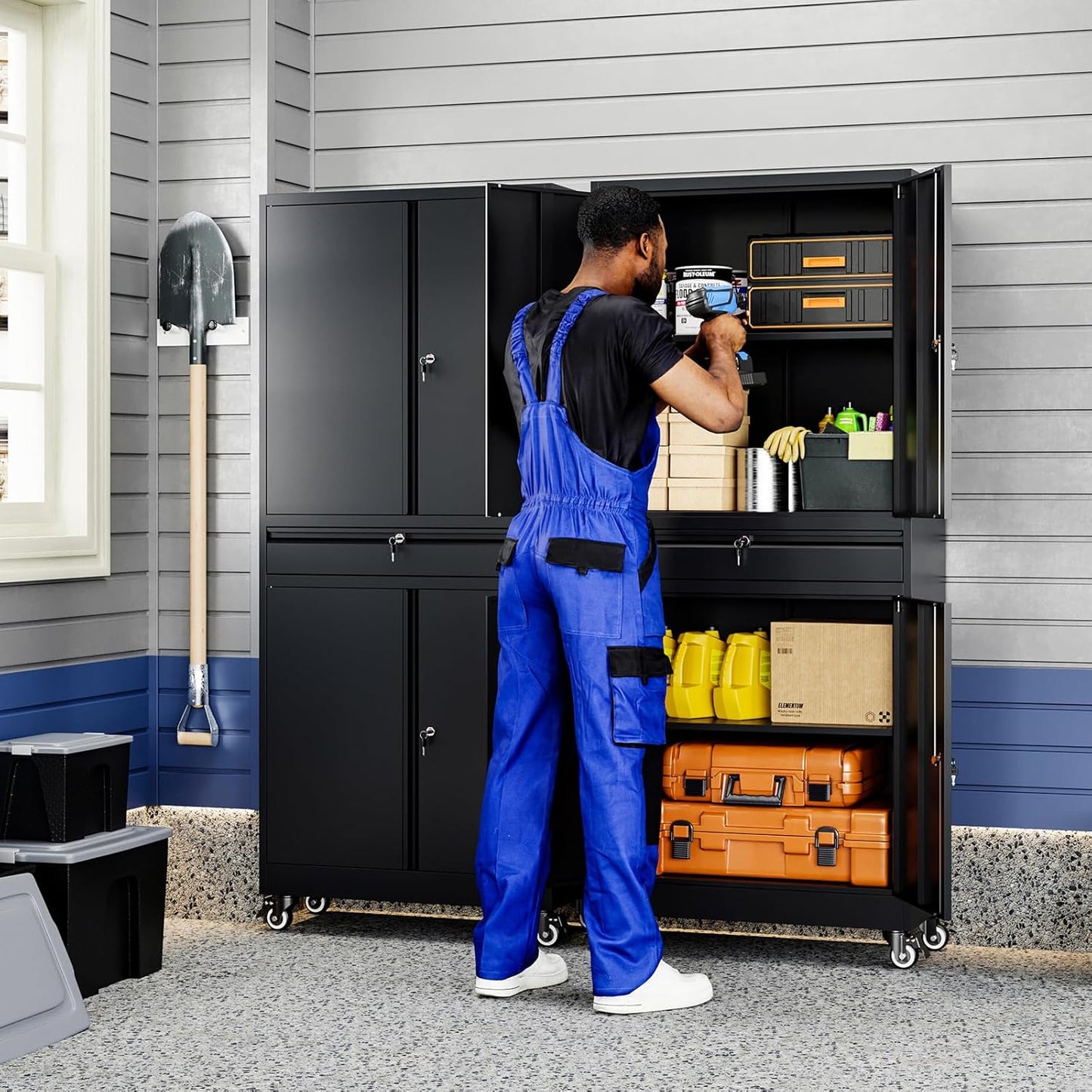 Yizosh Metal Garage Storage Cabinet - Locking Doors, Adjustable Shelves & Rolling Design | 73" Black