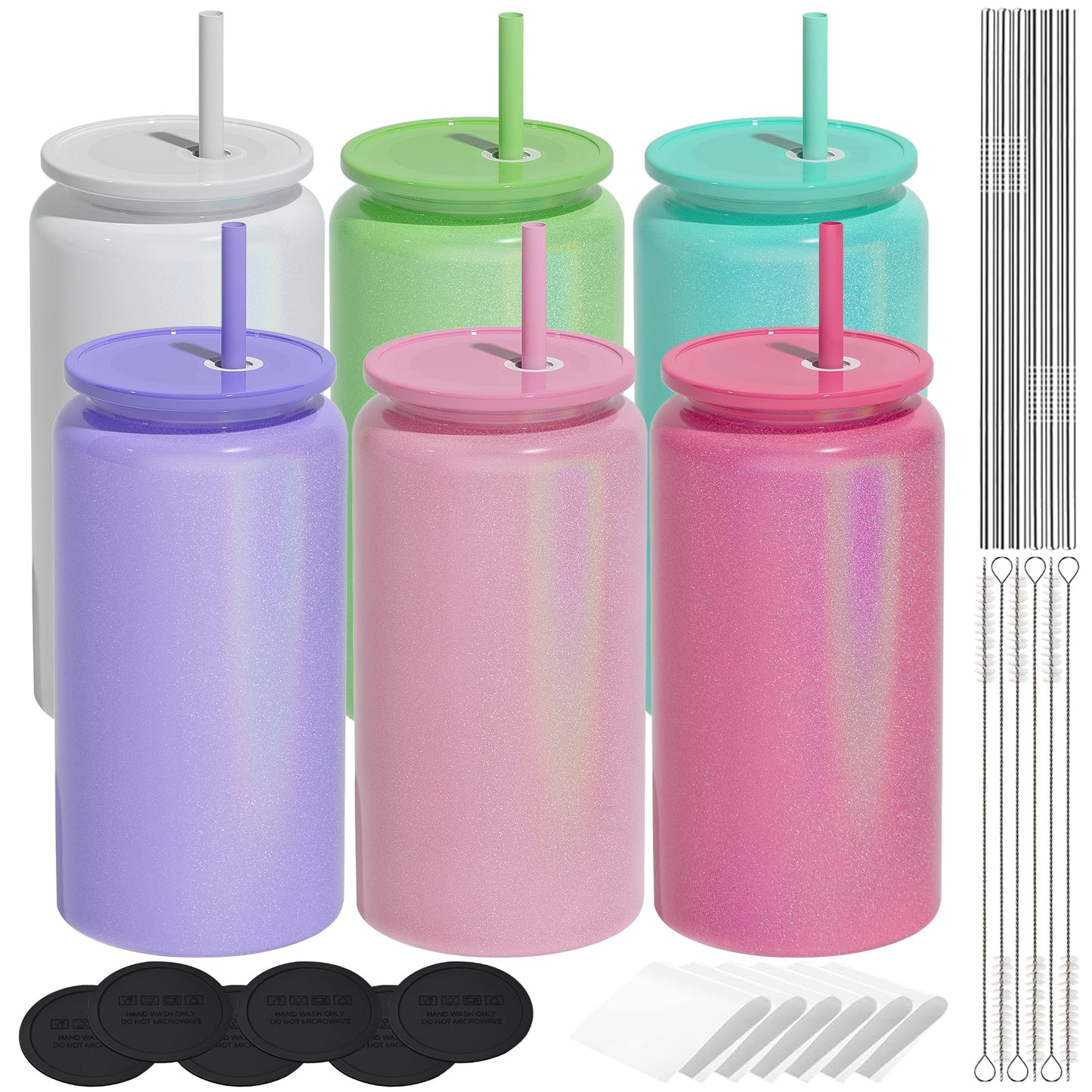 UIRZOTN 6Pack Glass Cups with Lids and Straws, 16oz Stainless Steels Cups, Beer Cup, Iced Coffee Cups, Smoothie Cup, Sublimation Tumbler (Shiny Polished Finish, Sublimatable)