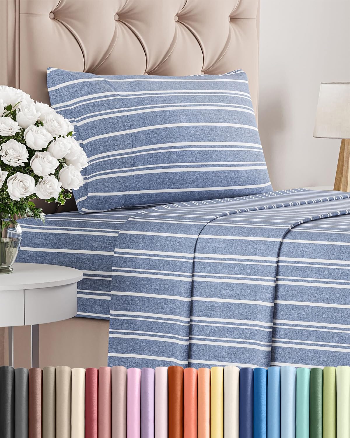 Skiennix Twin Size Sheet Set - Comfy, Breathable & Cooling Bed Sheets - Luxury Blue Stripes, Deep Pockets, Soft & Wrinkle-Free