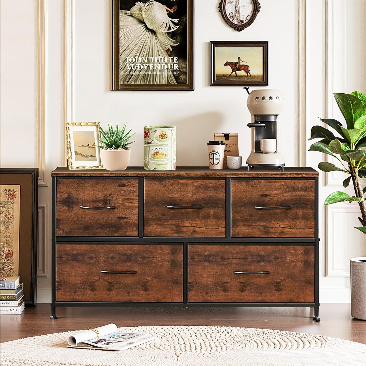 Regine Switzerland 5-Drawer Dresser - Anti-Tip Fabric Storage Organizer with Wooden Top | Brown Finish for Bedroom & Living Room