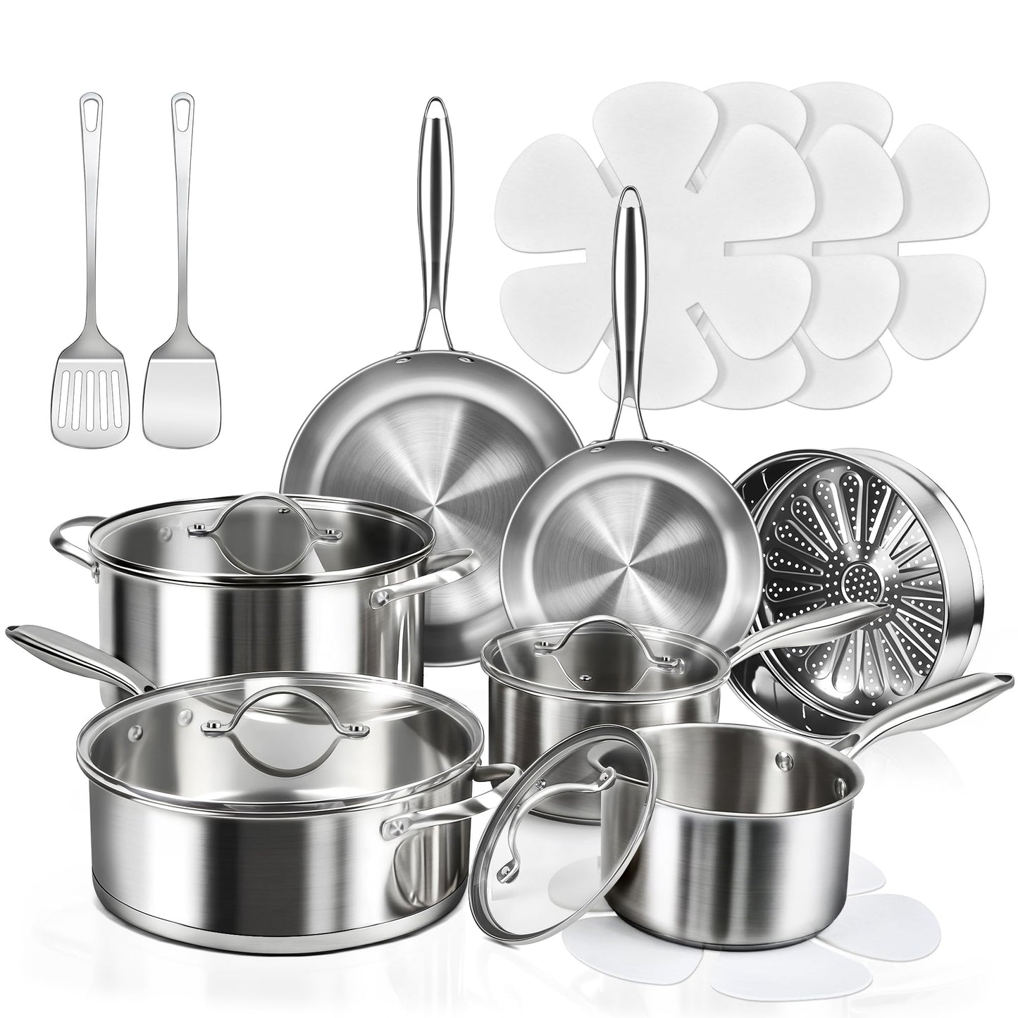 16-Piece Pots and Pans Set, Tri-Ply Stainless Steel Cookware Set with Lids, Non-toxic Kitchen Cooking Set, Dishwasher-Friendly, Induction-Ready, Even Heating, Heavy Duty, Compatible with All Cooktops