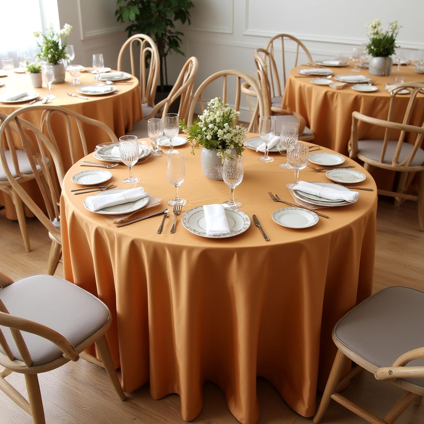 sancua Thanksgiving Round Tablecloth 132 Inch Diameter, 6 Pack Bronze, Circle Polyester Fabric Light Brown Fall Table Cloth Cover for Harvest Wedding Party Reception Banquet (Fit 54-96 Inch Tables)