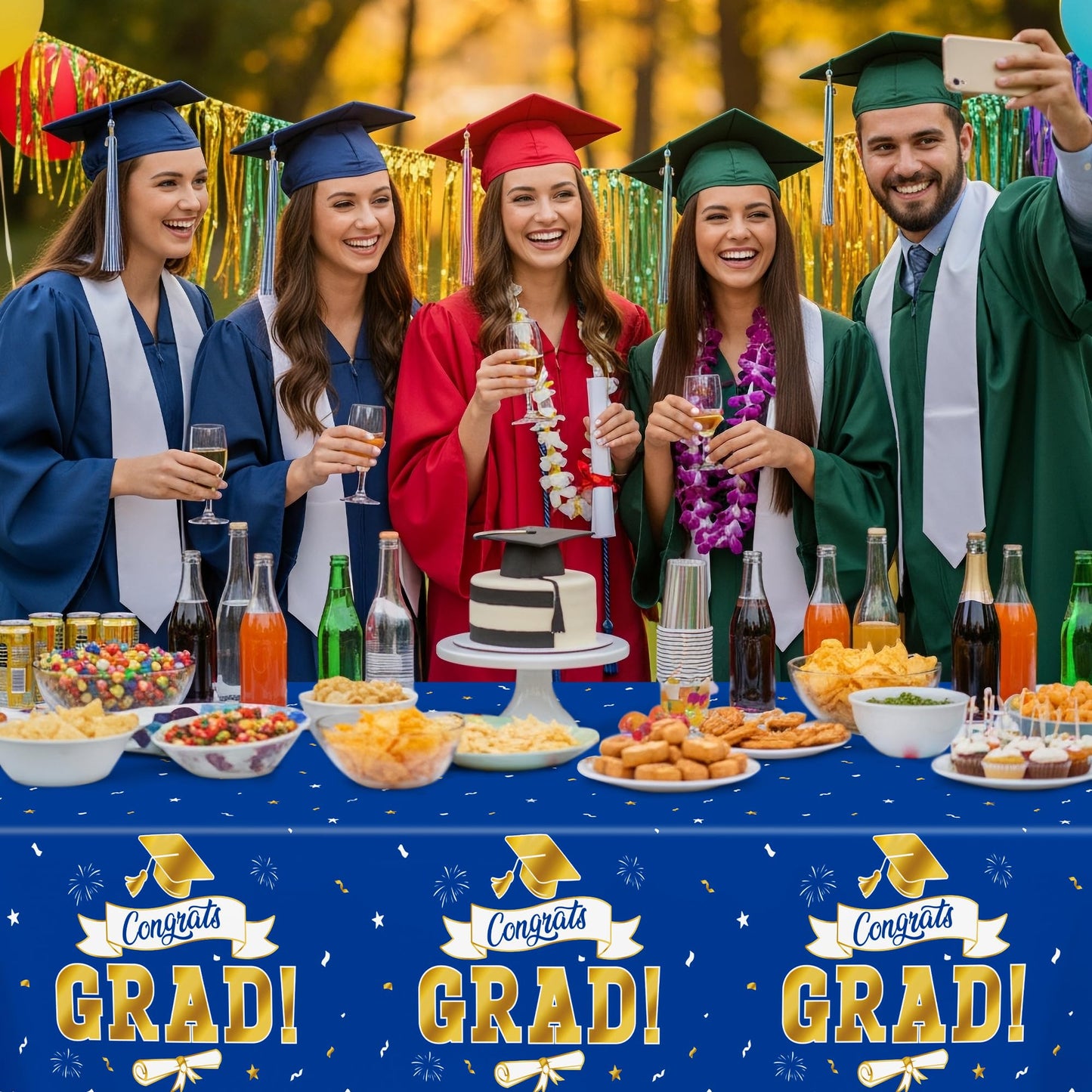 QZYL 2Pack 2026 Graduation Decorations, 108" X 54" Graduation Tablecloth, Bluegold Disposable Table Cloths for Grad Party Favors Supplies, Rectangle Plastic Tablecover for Class 2026 Congrats Grad