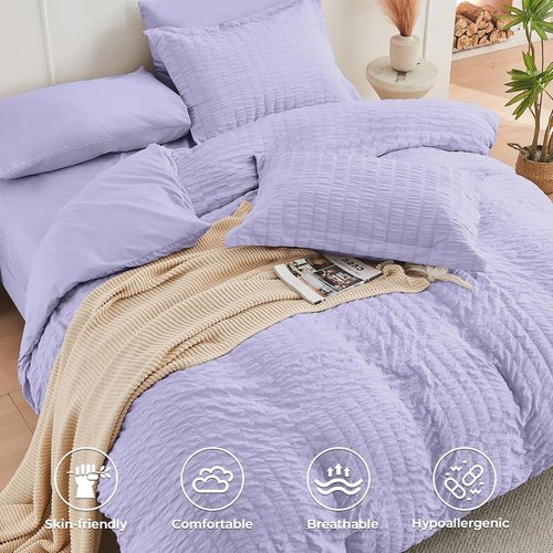 HYMOKEGE Queen Comforter Set - Light Purple Seersucker 7-Piece Luxury Bedding Set for All Seasons