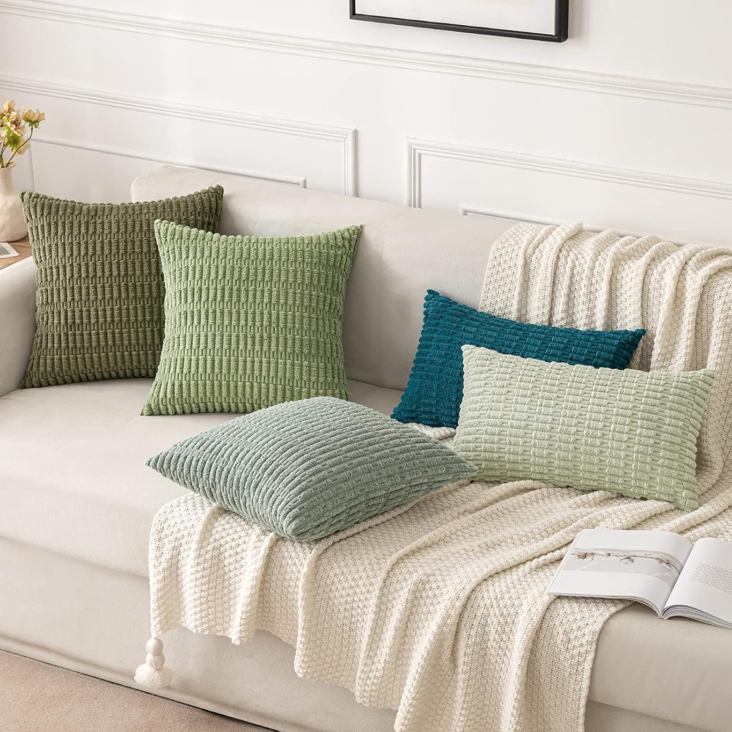 MIULEE Decorative Throw Pillow Covers - Pack of 2 Soft Boho Striped 20x20 Inch for Modern Farmhouse Decor - Olive Green