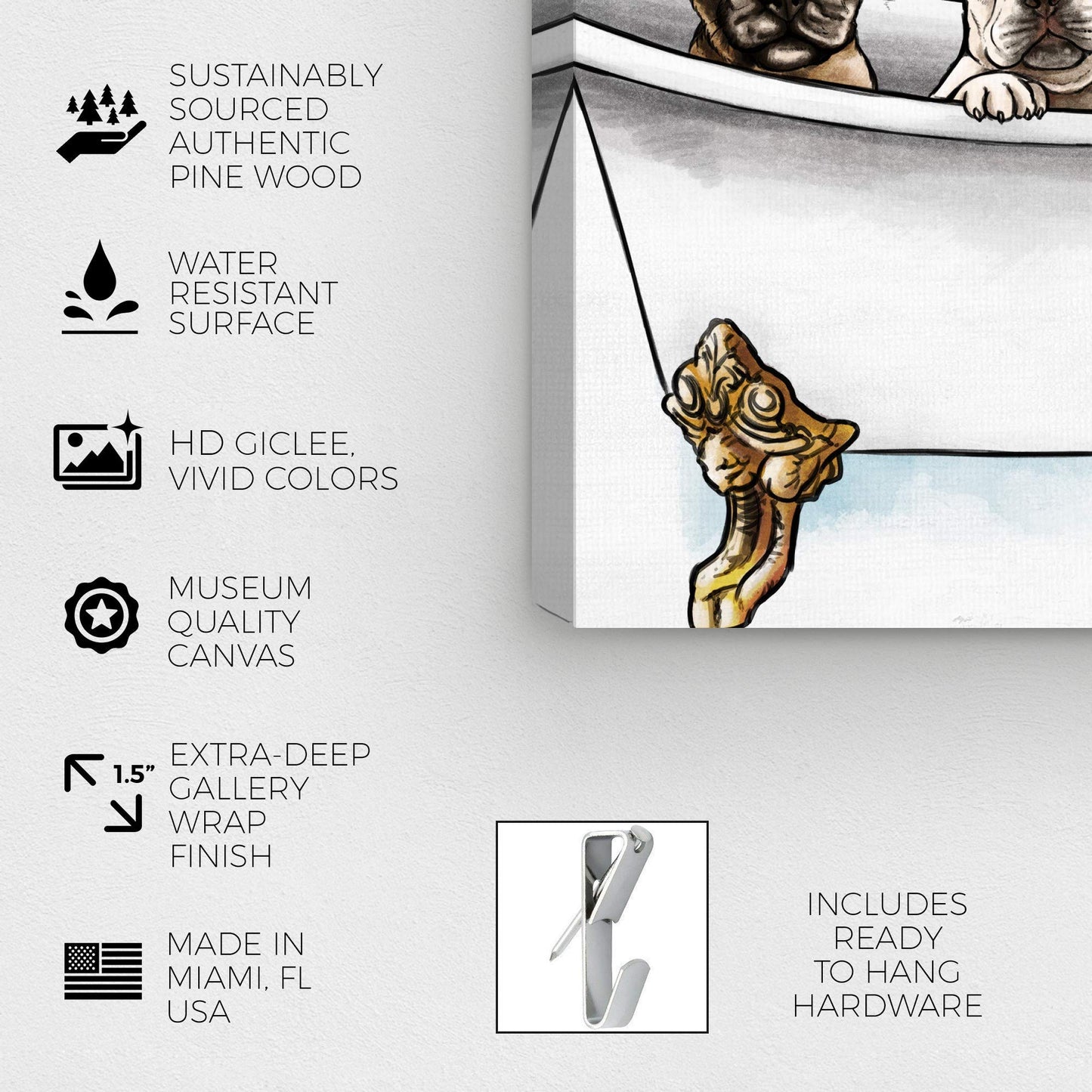 Oliver Gal Animals Modern Canvas Wall Art Frenchies In The Tub Ready to Hang Home Decor 12.0 x 12.0 White and Blue Canvas Art for Bath