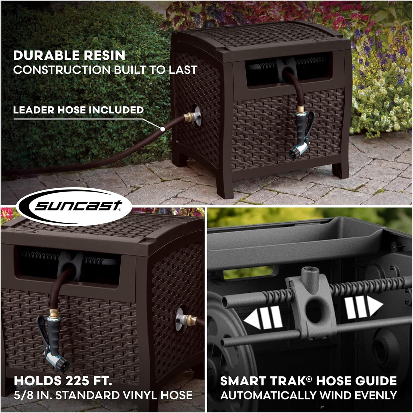 Suncast Hose Reel - Smart Trak Hose Guide & Water-Tight Connection - Durable Resin, 225' Capacity, Brown