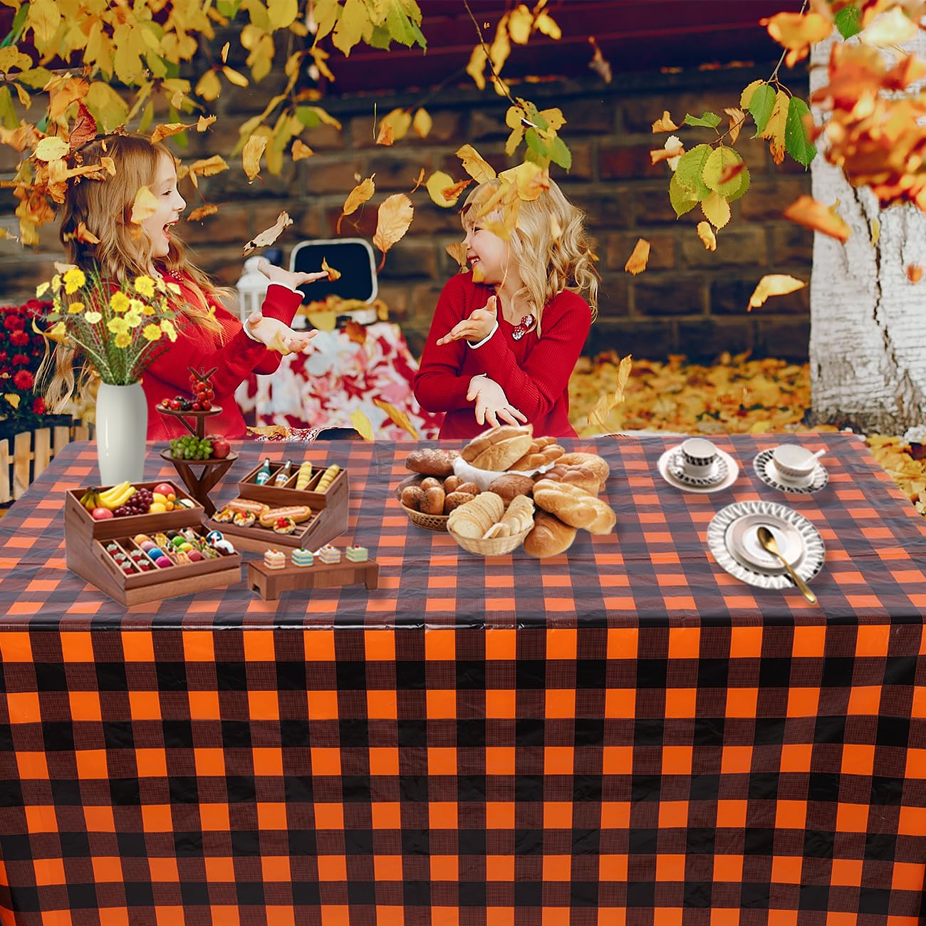 Kesfey 8 Packs Fall Orange Thanksgiving Gingham Tablecloth 54 x 108 Inches Orange and Black Buffalo Check Plaid Table Cover Backdrop Disposable Plastic Waterproof Autumn Picnic Tablecover for Camping