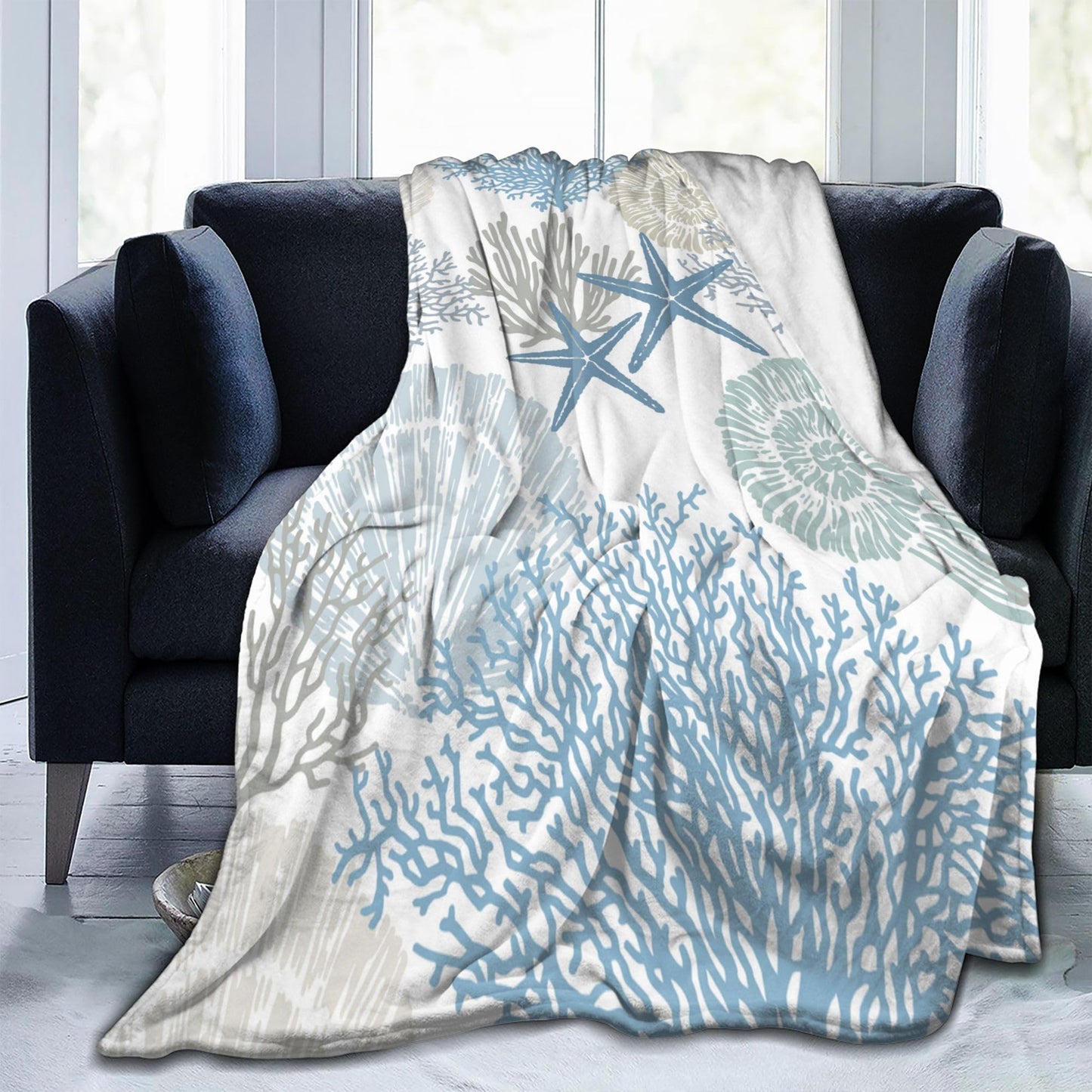 VODRM Nautical Coastal Blanket Starfish Seashell Coral Beach Themed Throw Blankets Gifts for Adults Sea Ocean Theme Lightweight Soft Fleece Cozy for Sofa Couch Bed Room Birthday Decor 50x60in