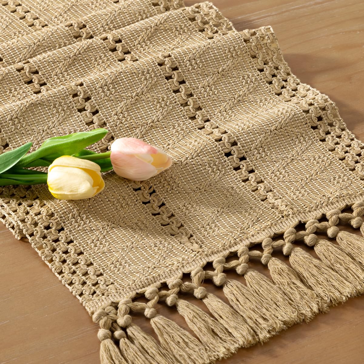 Socomi Boho Table Runner Summer Farmhouse Rustic Dining Kitchen Centerpiece Decor Small Macrame Woven Cotton Linen Coffee Table Runner for Dresser Scarf Home Decor 12x36 inch Champagne