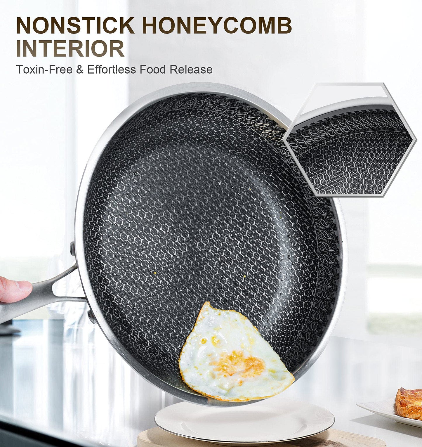 MICHELANGELO Stainless Steel Frying Pan Set with Lids, 8 & 10 Inch Frying Pans Nonstick, Stainless Steel Fry Pan Set, Honeycomb Pans for Cooking, Skillet with Lid - Induction Compatible