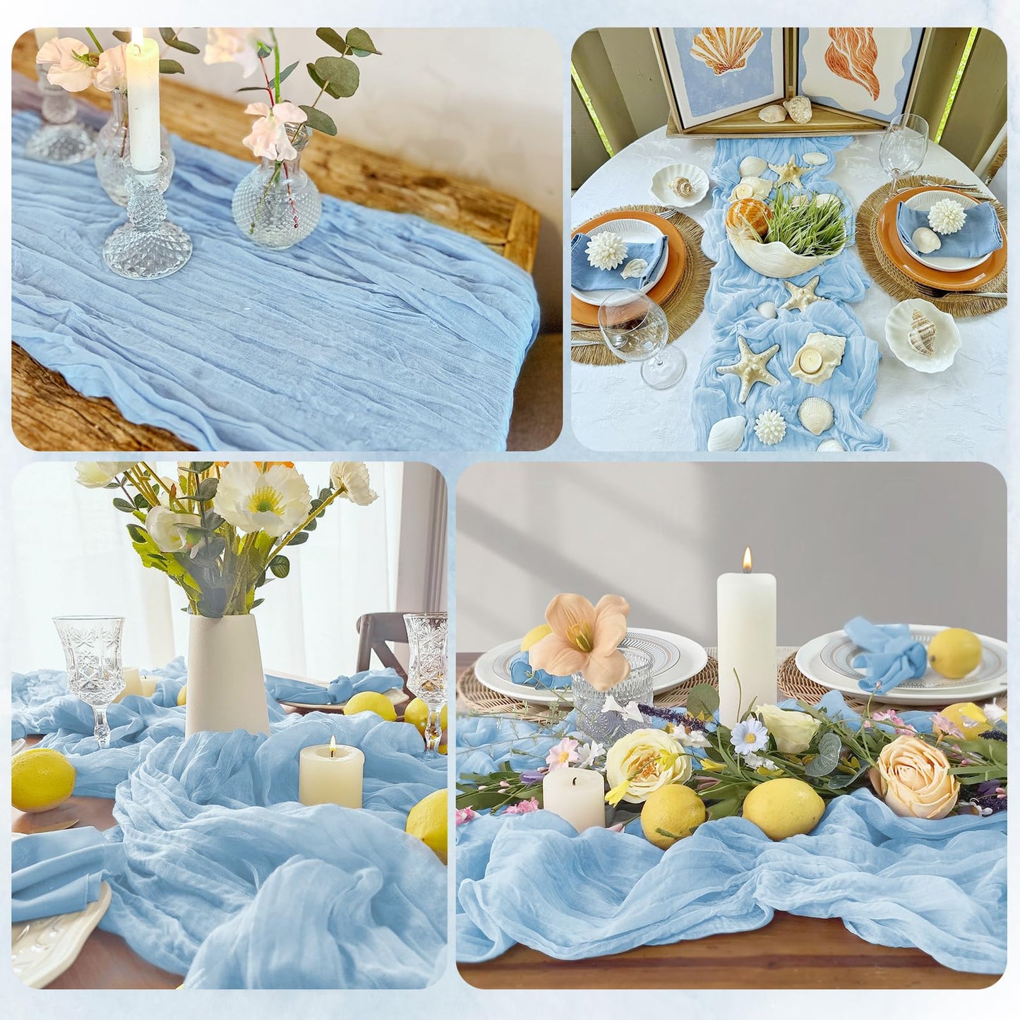 RealBox 12 Pack Baby Blue Cheesecloth Table Runner 17x108 Inch Semi Sheer Boho Gauze Cheese Cloth Fabric Table Runners, for Wedding Party Baby Shower Birthday Home Decor Garden Farmhouse