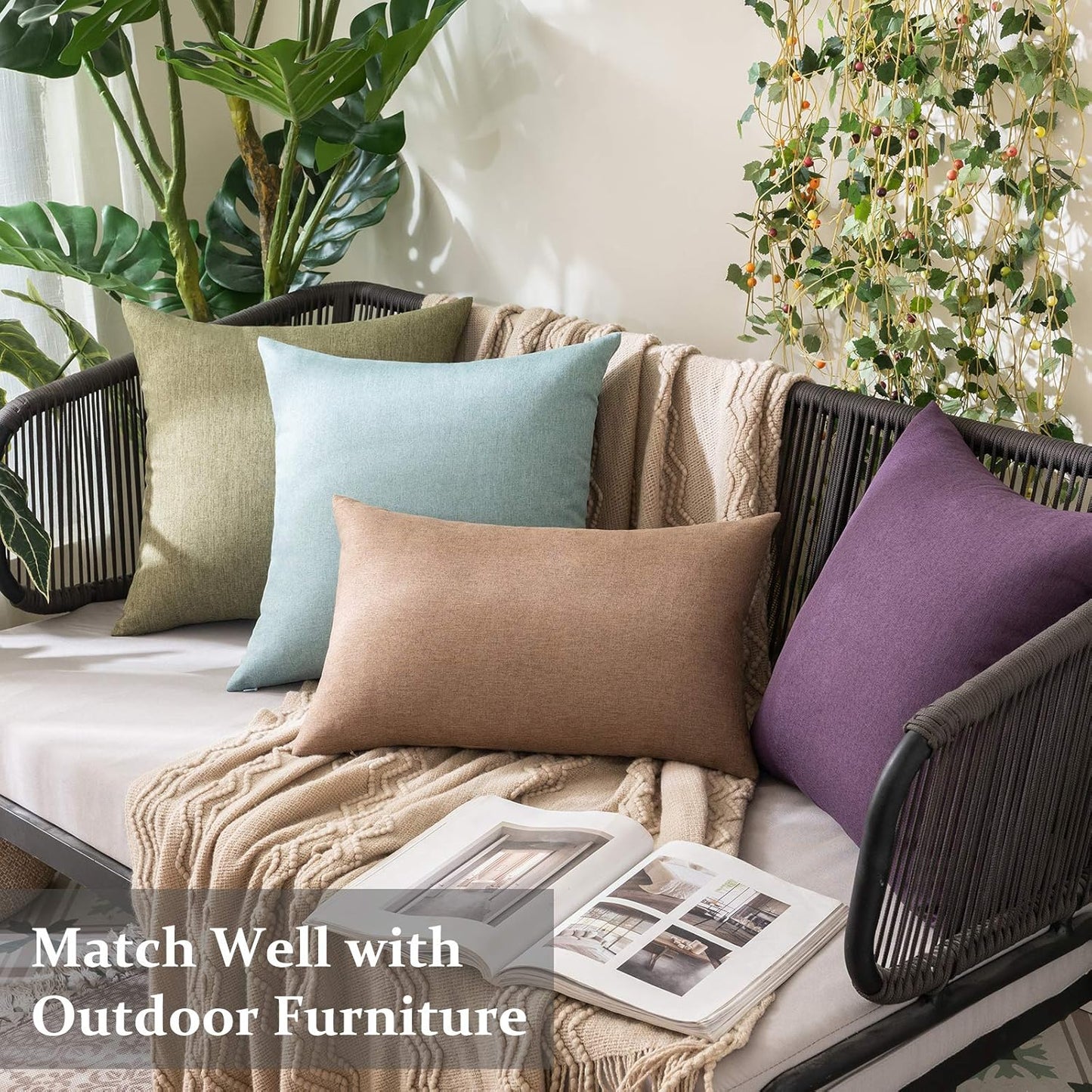 MIULEE Decorative Outdoor Throw Pillow Covers - Waterproof Faux Linen Cushion Cases | 18x18 Inch Dark Green (Pack of 2)