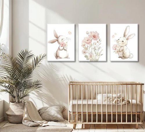 Grengel Bunny Canvas Wall Art - Cute Rabbit & Wildflowers Painting for Nursery | Baby Room Decor