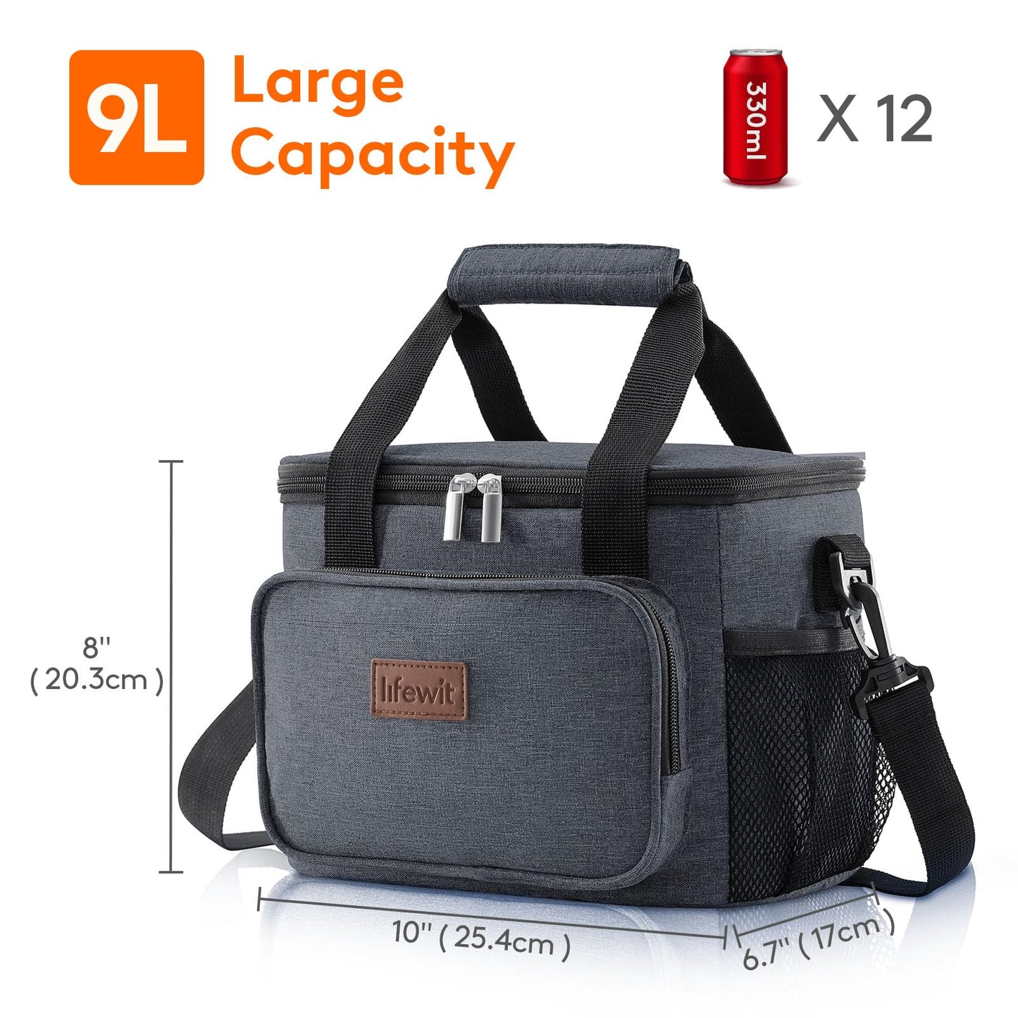 Lifewit Medium Lunch Bag, Insulated Lunch Box, Soft Cooler Cooling Tote for Adult Men Women, Dark Gray 12-Can (9L)