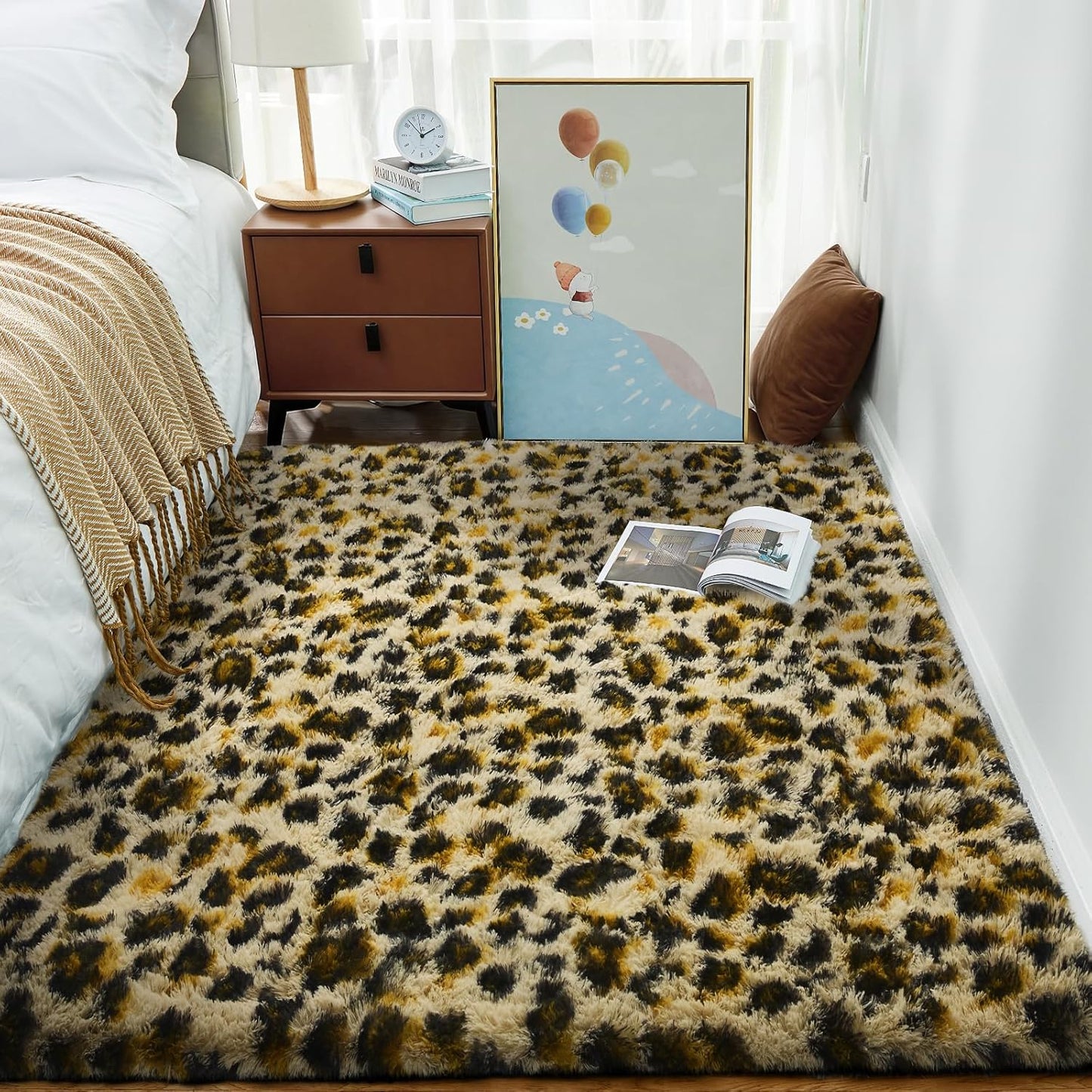 Ophanie Leopard Print Rug - Fluffy Shaggy Soft Throw for Bedroom & Living Room | Large 4x6 Cheetah Design
