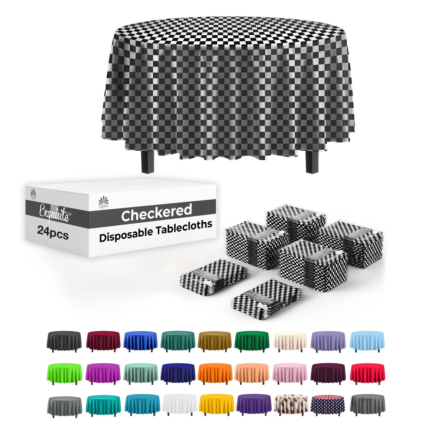 Party Solids Checkered Round Plastic Tablecloth - 84 Inch, Pack Of 24