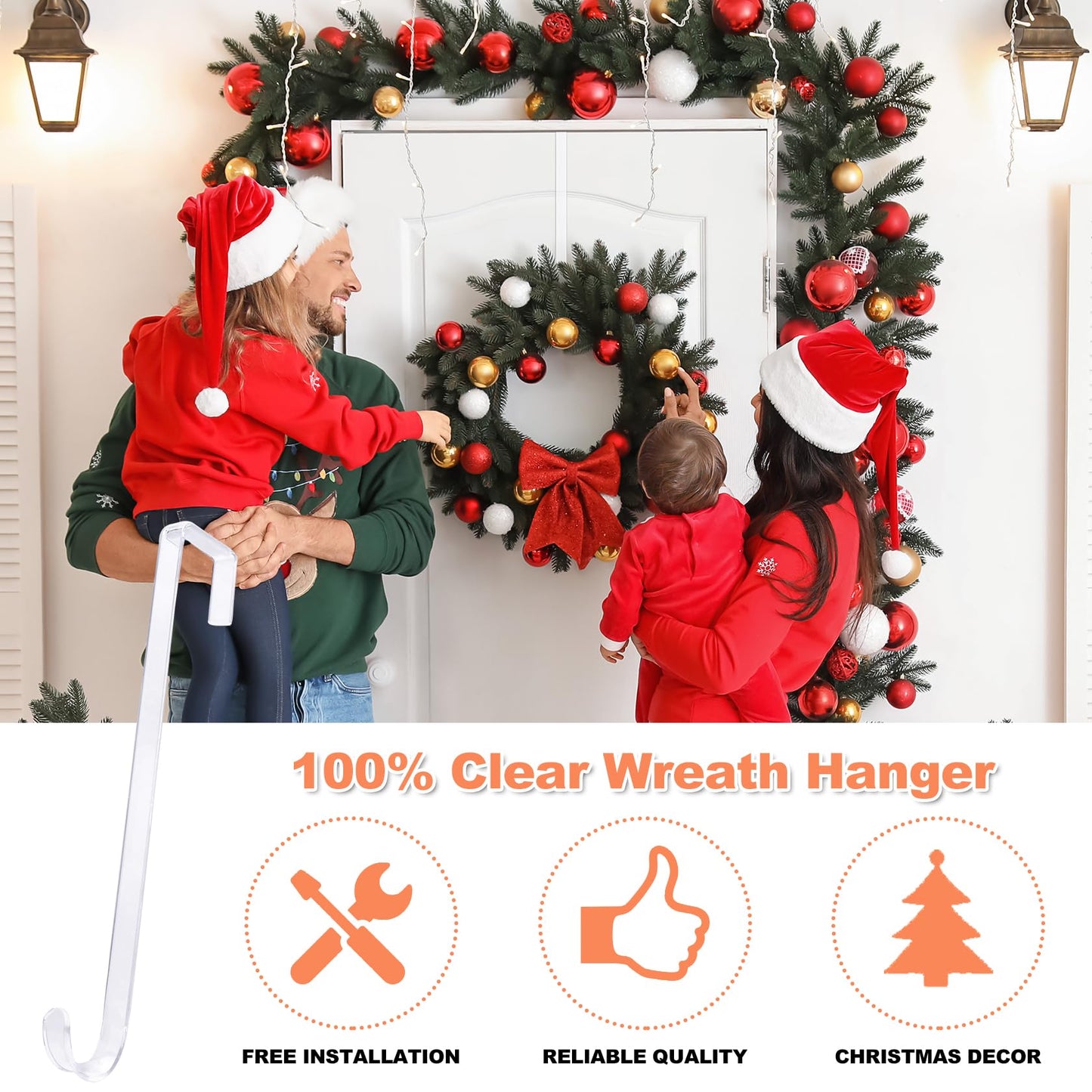 ZYSUN 15" Clear Over The Door Wreath Hanger 2 Pack - Non-Scratch, Heavy Duty 10lb Door Hook for Front Decor, Christmas, Halloween & Year-Round Home Display - Invisible Acrylic Organizer