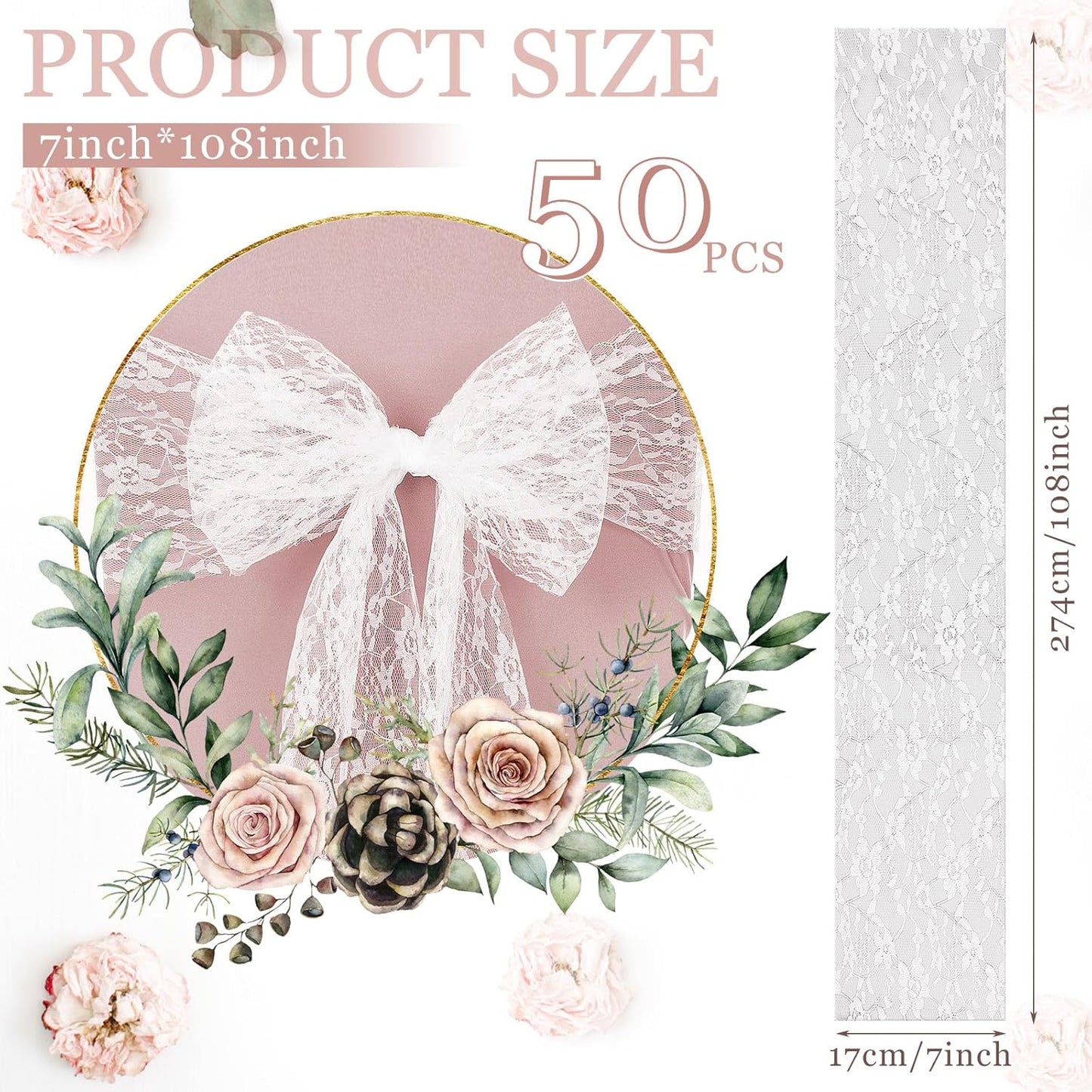 VitalCozy Vintage Chair Sashes - 50 Pcs Embroidered Boho Bows for Weddings & Events | 7 x 108 Inches, White