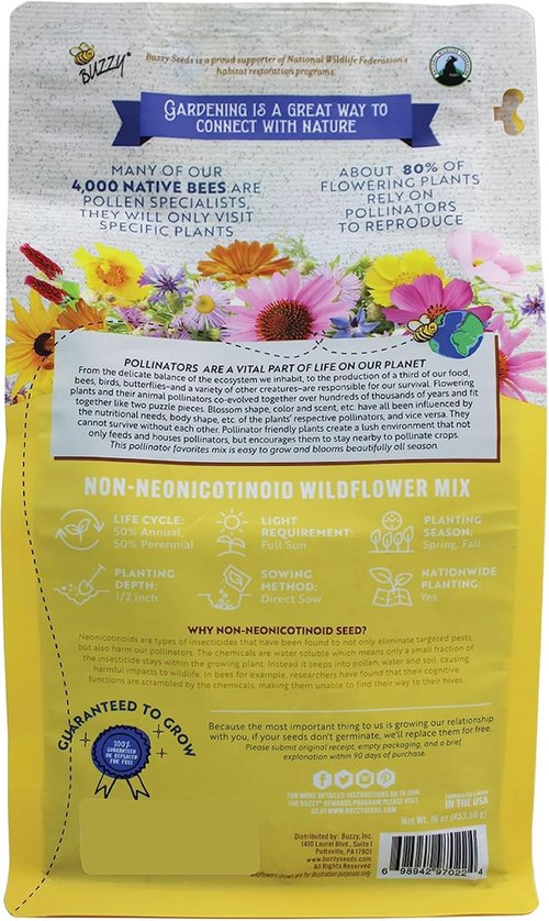 BUZZY Wildflower Seed Mix - 18 Pollinator-Friendly Varieties for Eco-Friendly Gardens | 1lb Bag