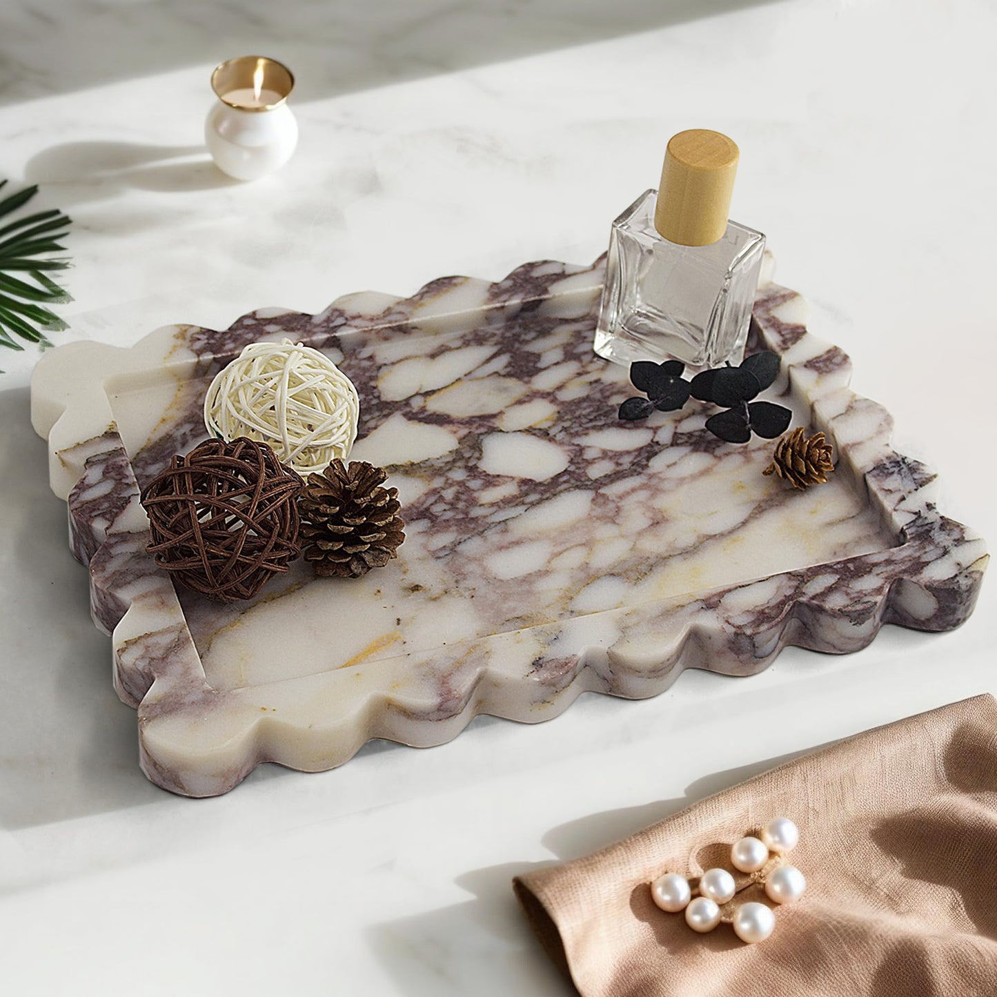 YMXYJM Genuine Scalloped Marble Tray, Real Natural Marble Stone Tray, Luxury Decorative Trays for Bathroom, Dresser, Vanity, Kitchen, Home Decor, 10.6" x 8", Calacatta Gray