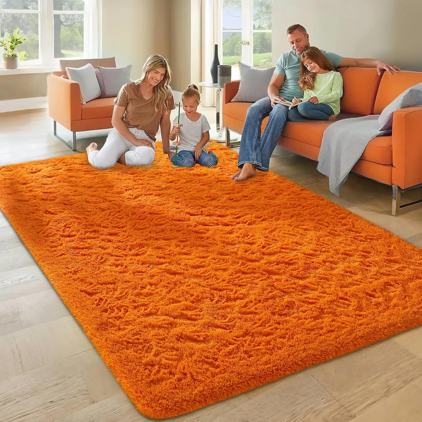 Ophanie Orange Area Rug - Plush 5x8 Fluffy Shag Carpet for Living Room & Bedroom Decor