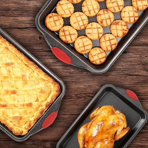 Anveena Nonstick Kitchen Oven Baking Pans - Premium Commercial Grade Bakeware with Red Silicone Handles | 3-Piece Set
