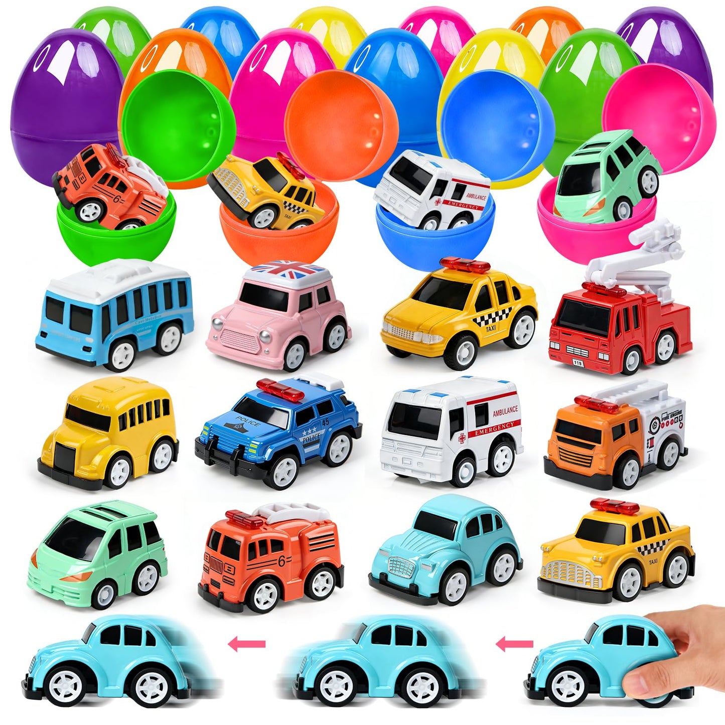 12 Pcs Prefilled Easter Eggs with Mini Cute Pull Back Alloy Car Toys for Toddlers Kids Easter Basket Stuffers Egg Hunt Party Favors Classroom Prizes for Boys and Girls