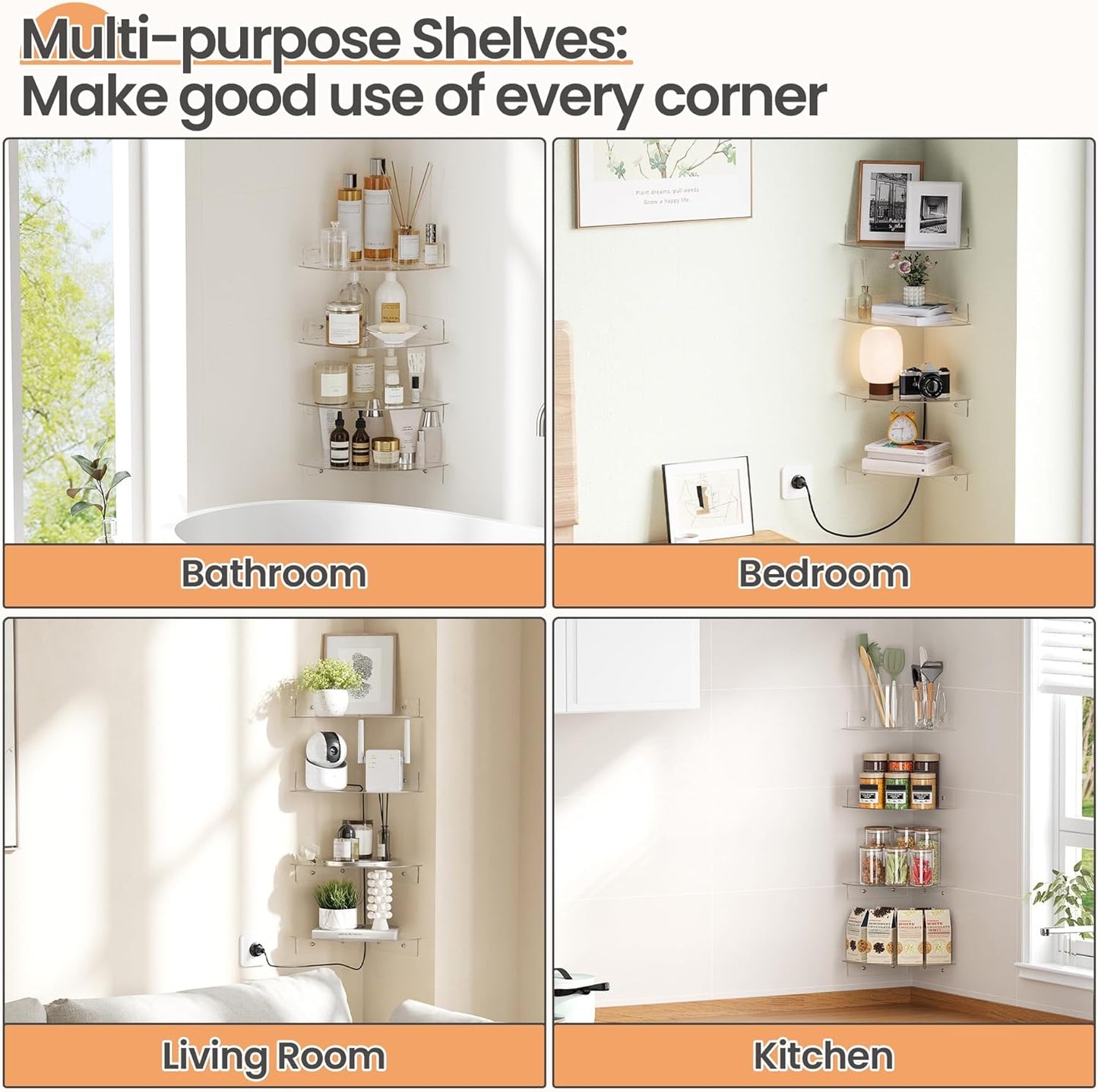 Upsimples 10-Inch Clear Acrylic Corner Floating Shelves - 4 Pack Wall-Mounted Storage Organizer for Home