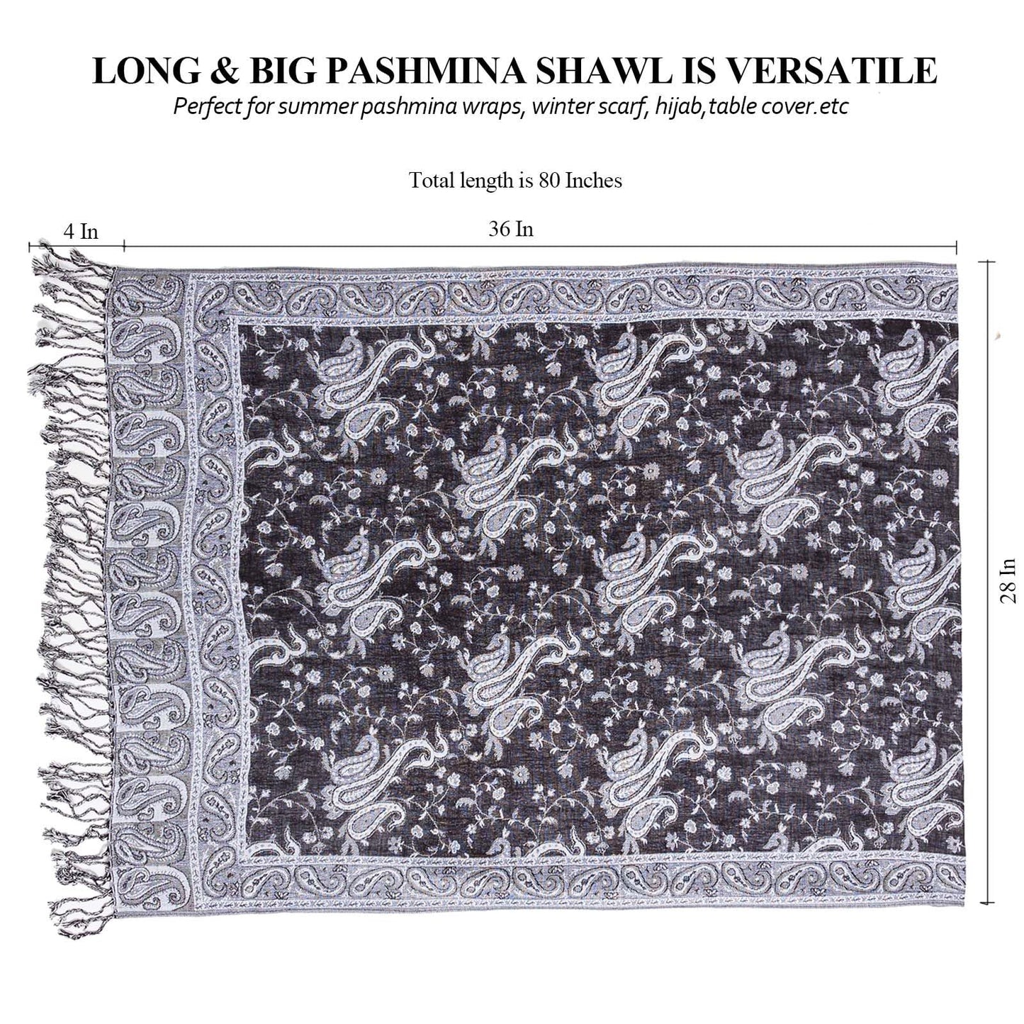 AUSEKALY Pashmina Feel Shawls Wraps for Women Rave Scarf Soft Silky Reversible Men Scarves Black White