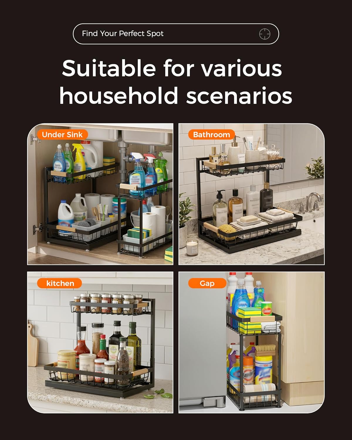 Sevenblue Under Sink Organizer - Height Adjustable 2-Tier Pull-Out Metal Storage | Multi-Purpose Shelves for Kitchen & Bathroom