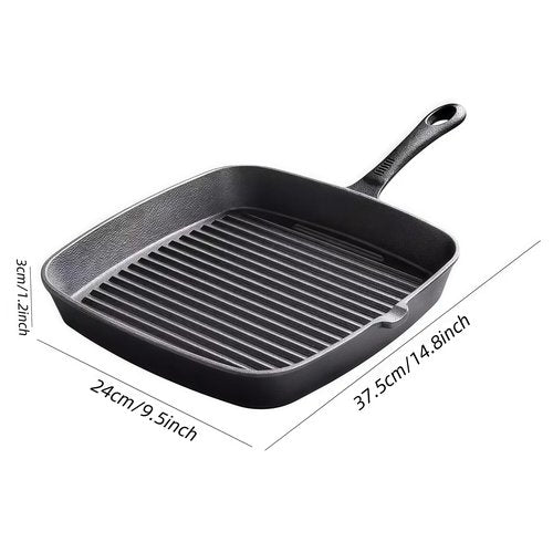 Cast Iron Grill Pan, 9.5 inch Square Grill Pan Skillet with Pour Spout, Cast Iron Griddle Pan with Small Meat Tong, Oil Brush & Hemp Rope for Stove Tops, Gas, Induction, Grill, Campfire, Oven Safe