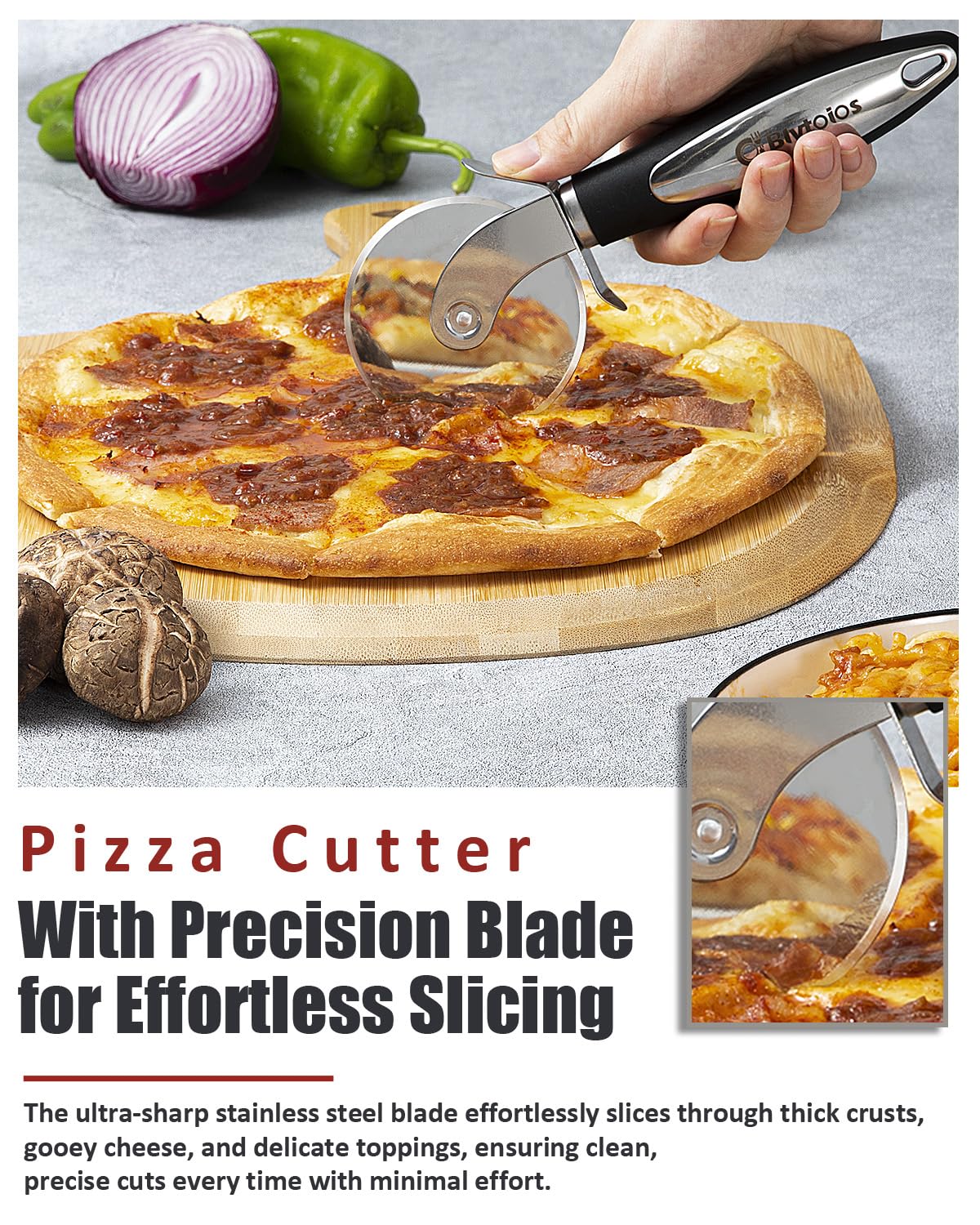 Blvtoios Premium Pizza Cutter, Multi-Purpose Stainless Steel Pizza Cutter Wheel with Non-Slip Soft Touch Handle, Perfect for Cutting Pizza, Dough and Pastry, Dishwasher Safe