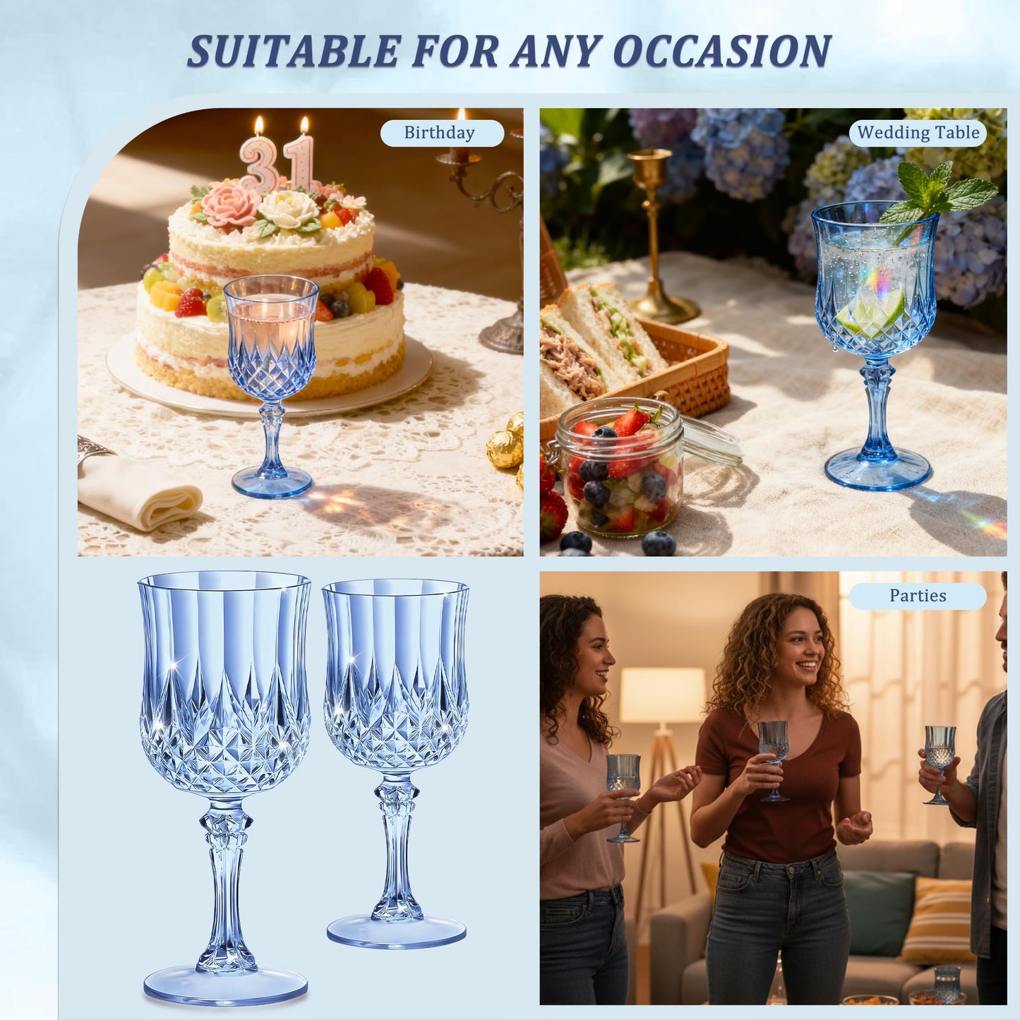 HTTBEIZI 7OZ Plastic Wine Glasses, Reusable Vintage Goblets Unbreakable Drinking Glasses Crystal Water Cups Champagne for Wedding, Parties, Mother's Day (24, Blue)