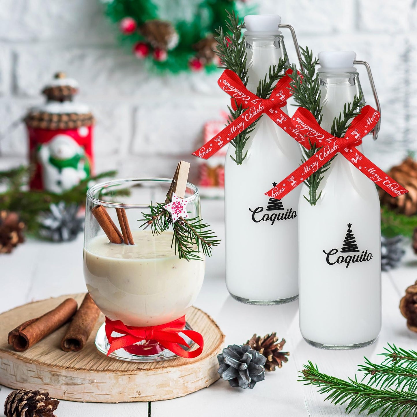 Sieral 12 Pack Christmas Coquito Glass Bottle 8oz Clear Flip Swing Top Beer Brewing Bottles with Ribbon and Artificial Branches for Liquids Wine Christmas Tree Xmas Gifts