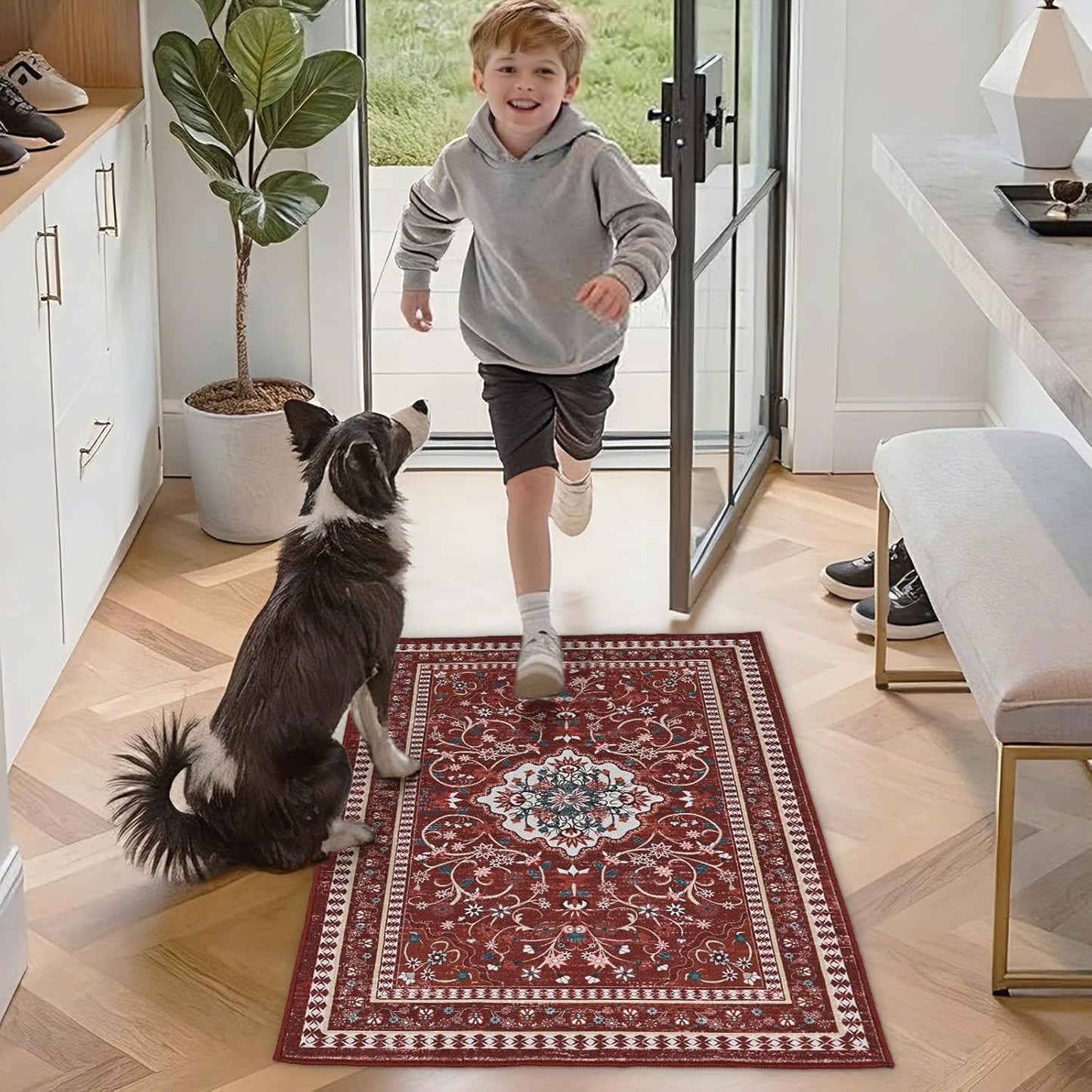 Regine Switzerland Non-Slip Red Entryway Rug - Washable Boho Low Pile Mat | 2' x 3' Indoor Area Rug