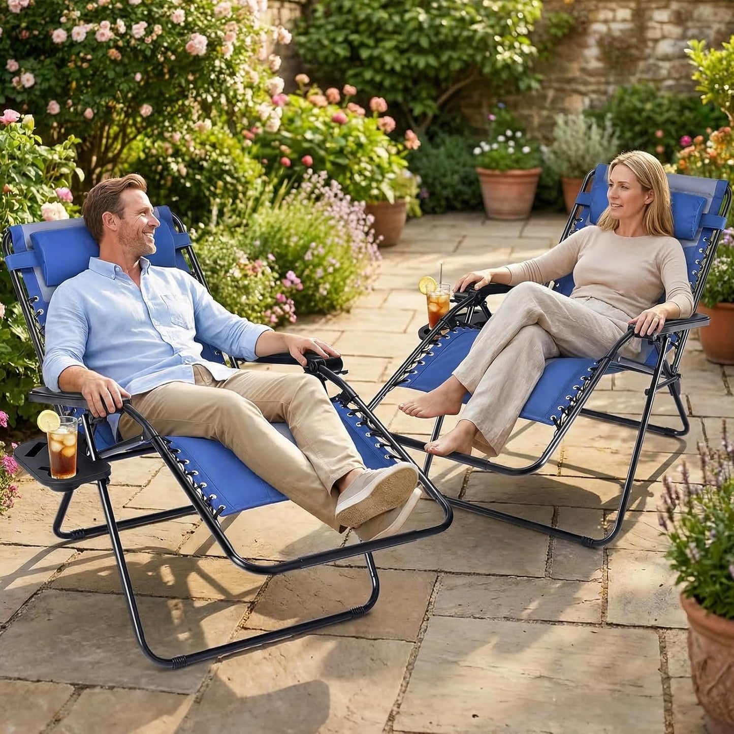 Sweetcrispy Zero Gravity Chairs - Oversized Foldable Patio Recliners with Adjustable Pillow & Cup Holder - Supports 400 lbs (Blue-Gray)