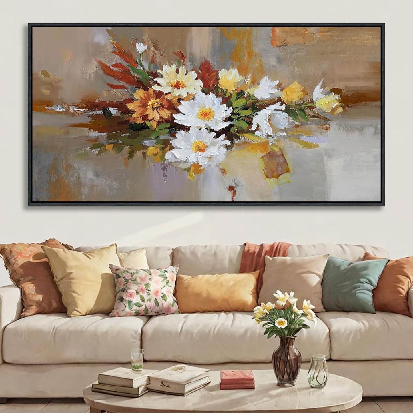 Yellow Floral Wall Art - Large Abstract Canvas for Bedroom & Living Room Decor | Framed Modern Artwork 29x58 IN
