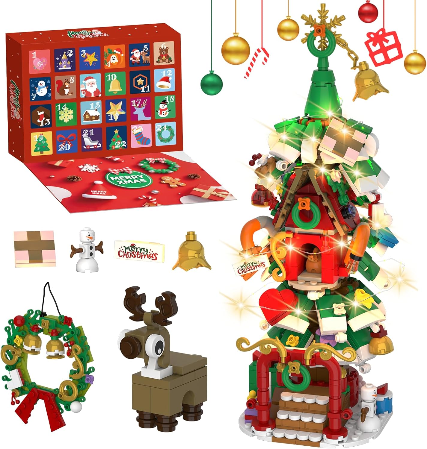 Advent Calendar 2025 - Christmas Tree House Building Set with LED Lights & Reindeer | 24-Day Countdown Kit