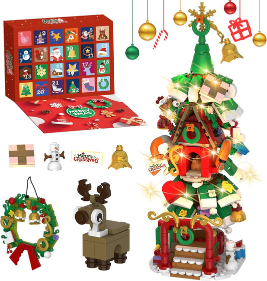 Advent Calendar 2025 - Christmas Tree House Building Set with LED Lights & Reindeer | 24-Day Countdown Kit