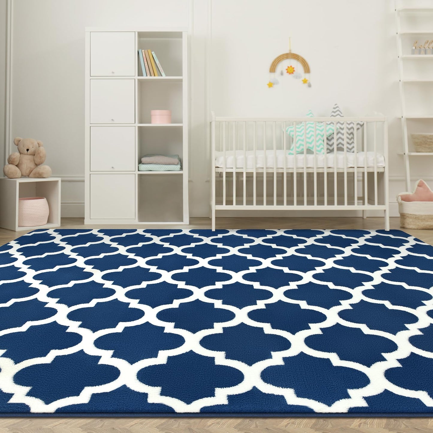 Large Geometric Modern Area Rug for Living Room Bedroom, 5x8 ft Plush Moroccan Bedroom Rugs Kids Rugs for Playroom Soft Throw Carpets for Office Dining Room Decor, Navy Blue & White