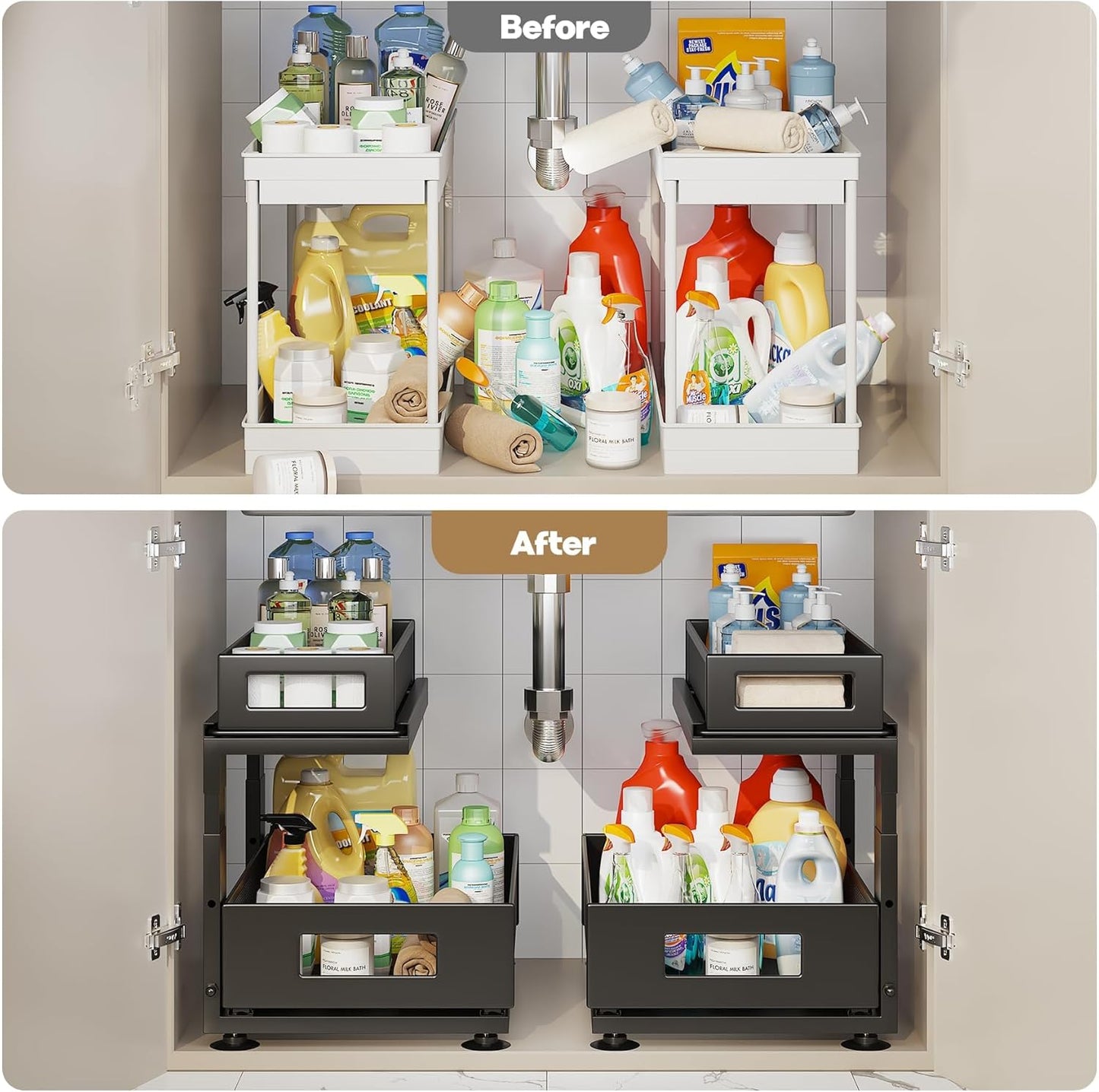 Next-Gen Under Sink Organizer by [Brand Name] - 2-Tier Pull-Out Cabinet Storage with Adjustable Height