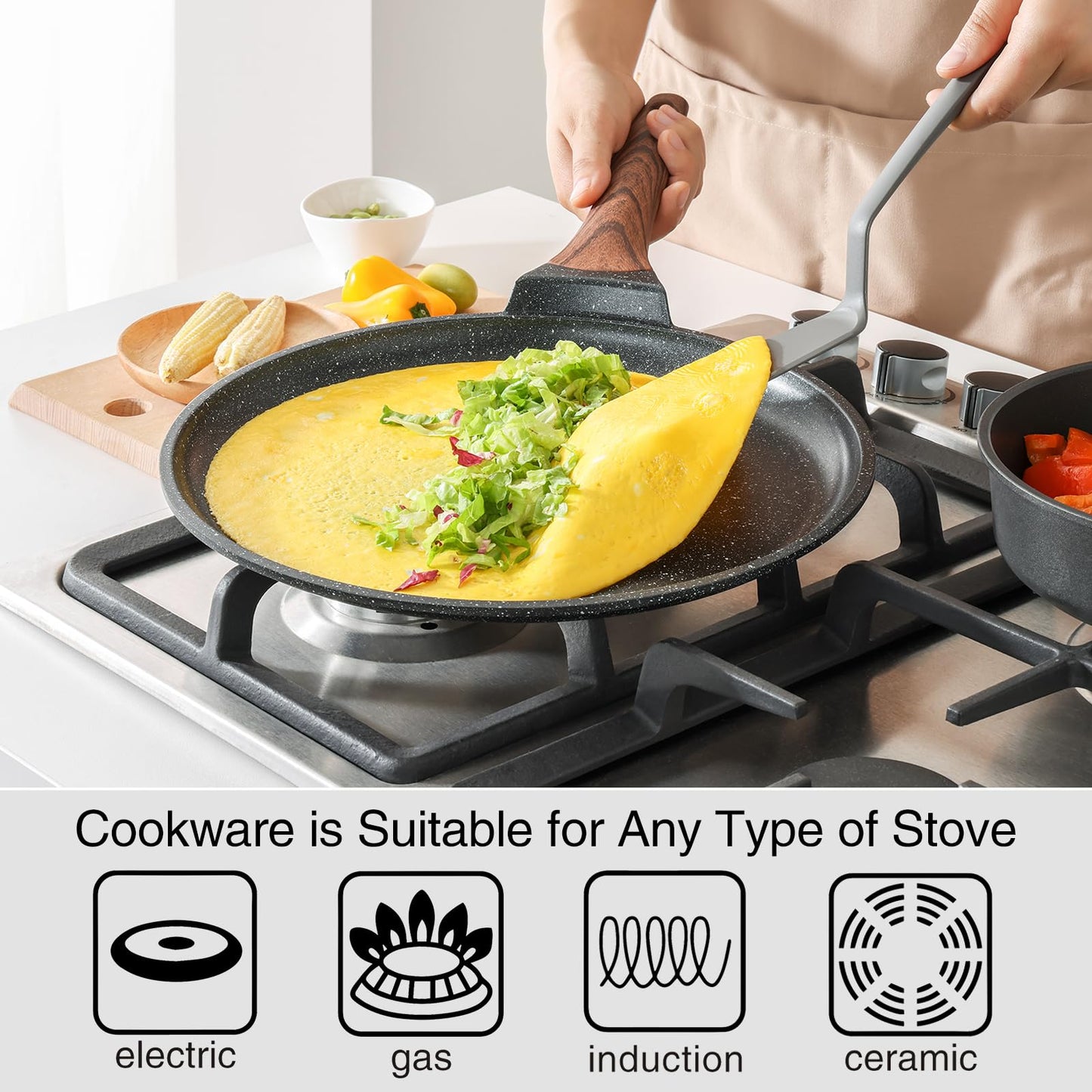 Kordisen Crepe Pan Nonstick, 12 Inch Dosa Pan with Spreader, Granite Coating Comales Para Tortillas Pancake Pan, Flat Bottom for Stove Top, Induction Compatible, PFOA Free