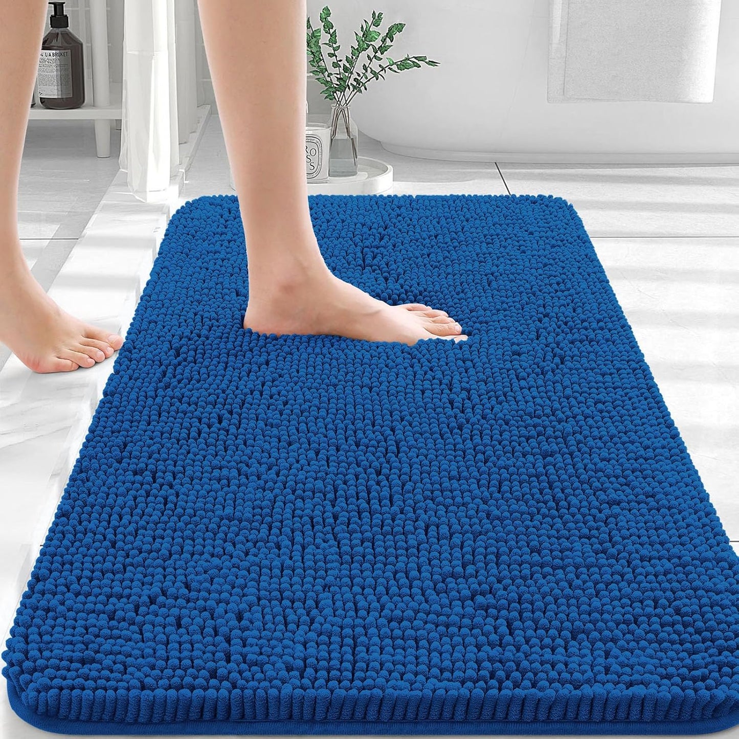 OLANLY Bathroom Rugs - Extra Soft Chenille Bath Mats with Rubber Backing | 36x24, Deep Navy Blue, Quick Dry & Machine Washable