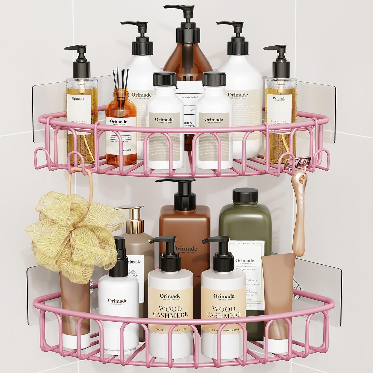 Orimade Corner Shower Caddy - Wall Mounted Metal Bathroom Organizer with 2 Hooks | No Drilling, Pink, 90-Degree Corner, 2 Pack