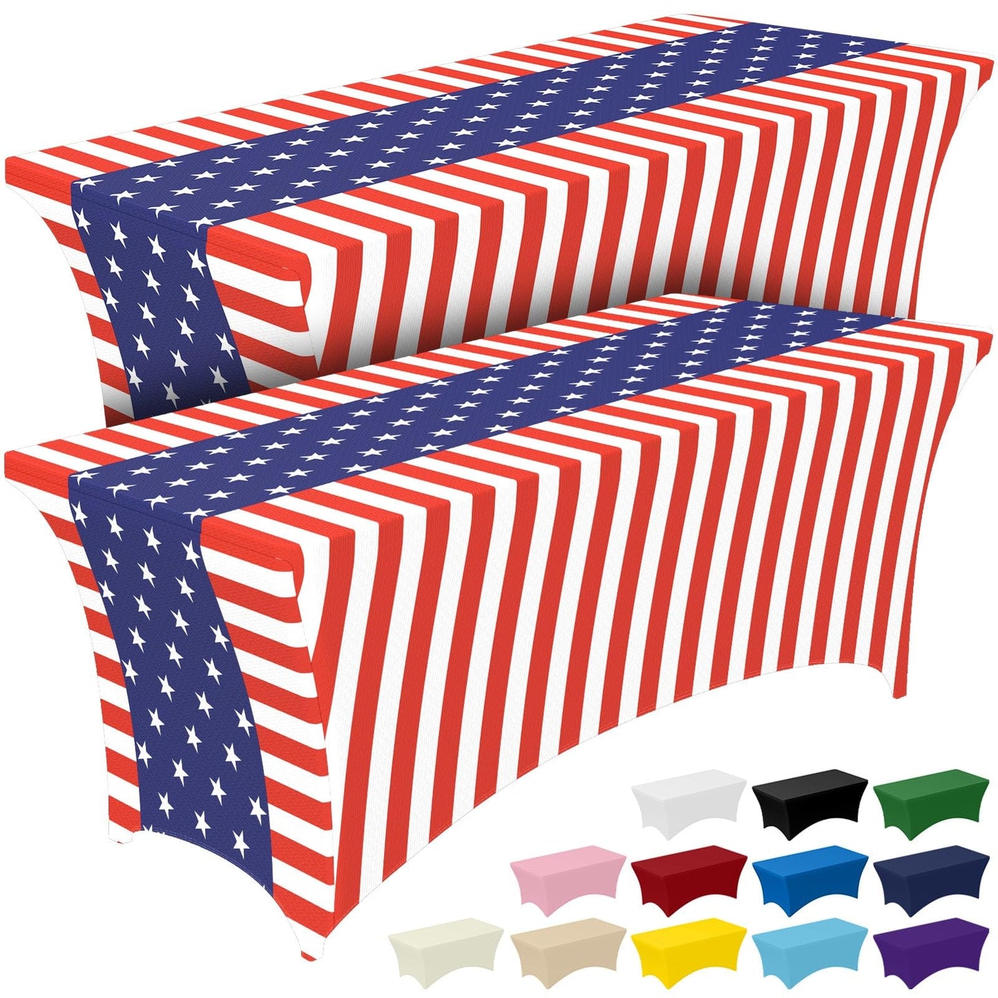 Pureegg 4th of July USA 250th Anniversary Spandex Tablecloth 6ft - 2 Pack, Patriotic American Flag Fitted Stretch Table Cover for 6 ft Rectangle Table, Tablecloth for Independence Day Party